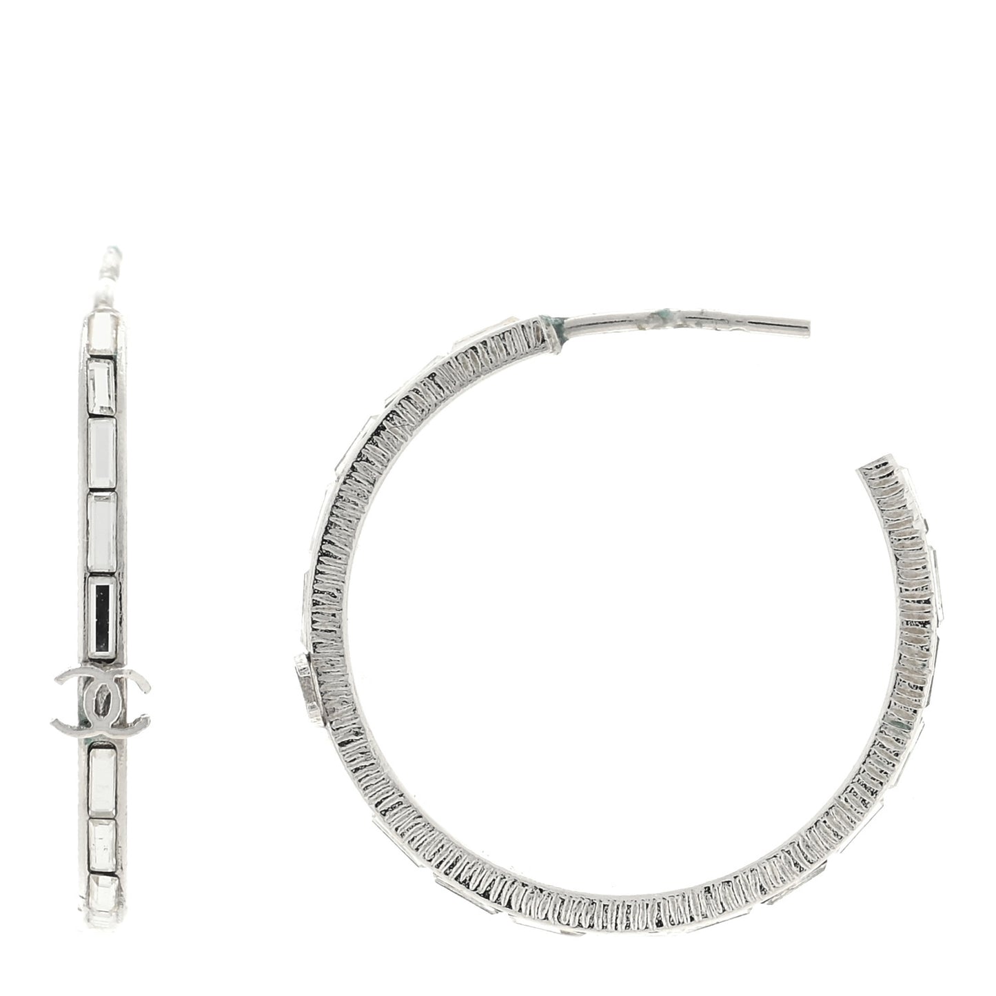 Baguette Crystal CC Hoop Earrings Silver