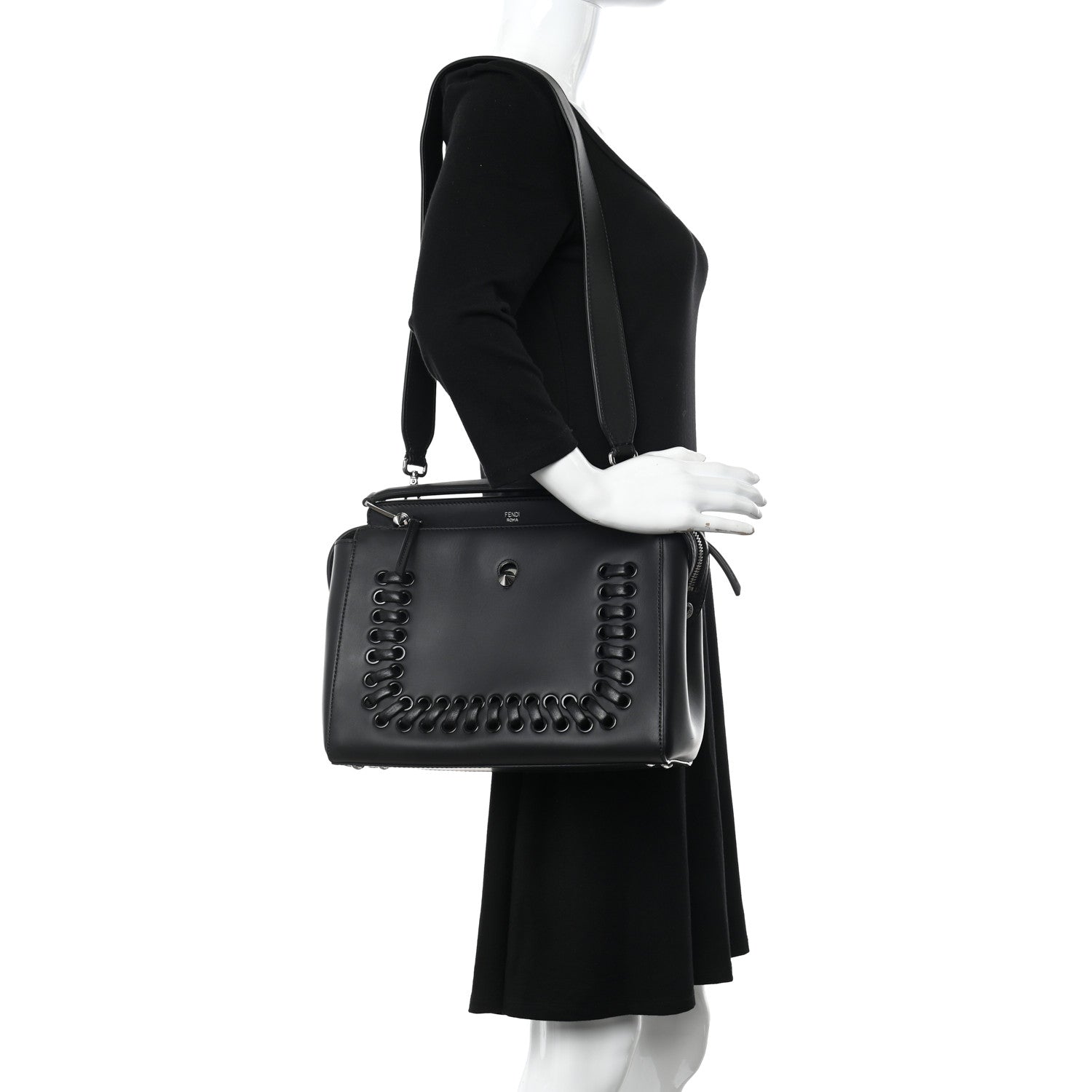 Fendi Vitello Baltico Dolce Shiny Nappa Lace Up DotCom Satchel Black Blue 2 of 11