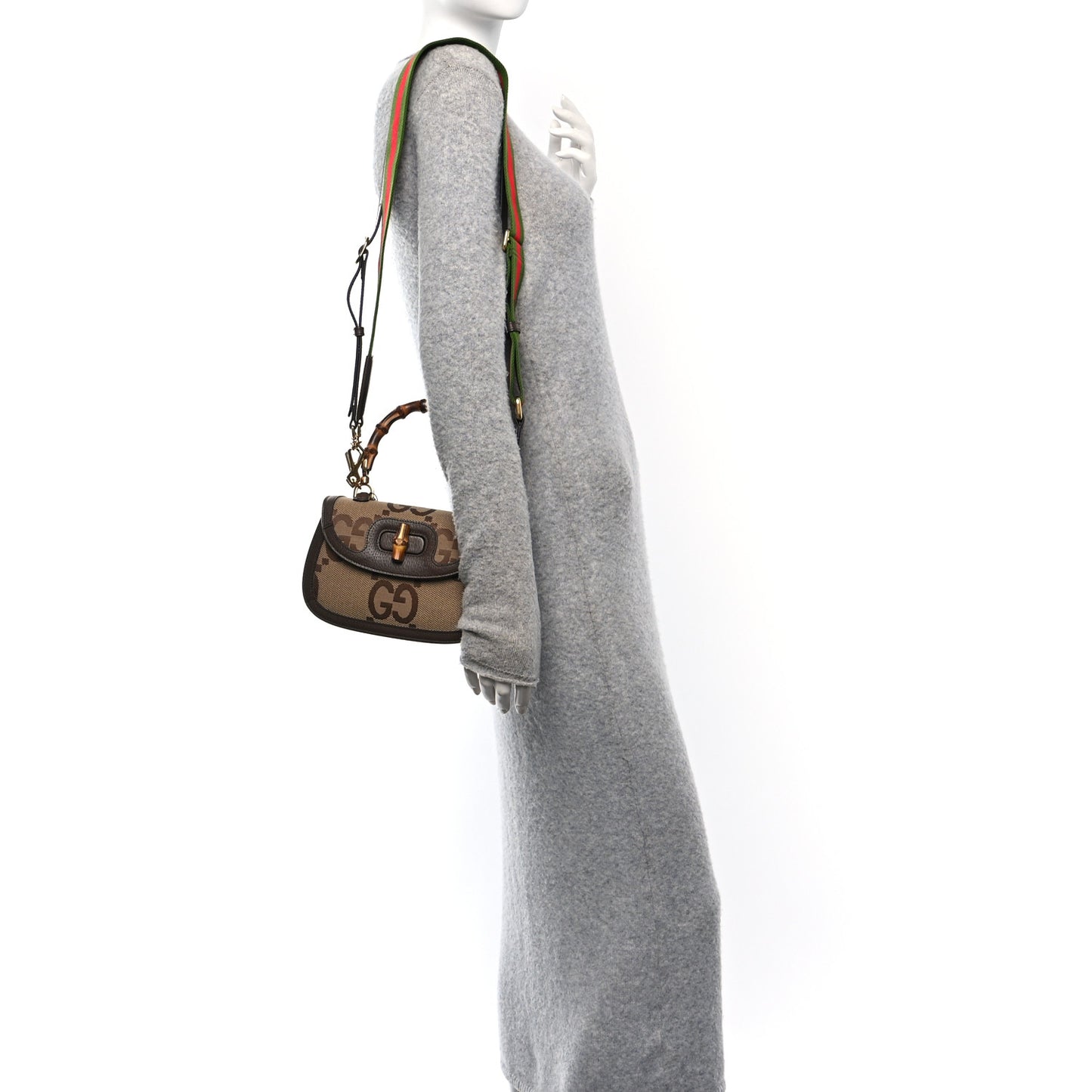 Monogram Jumbo GG Textured Dollar Calfskin Web Small Bamboo 1947 Top Handle Bag Camel Ebony New Acero