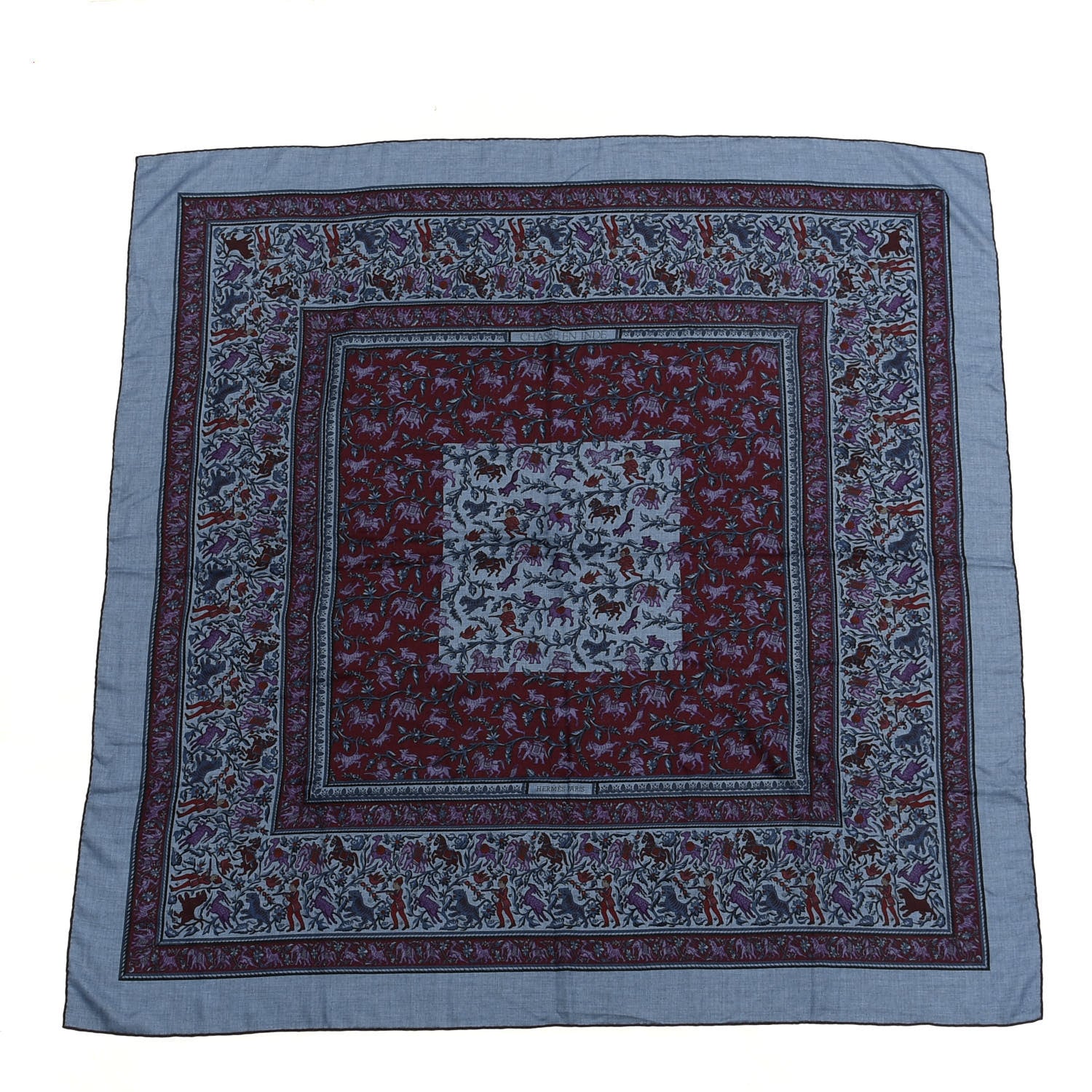 Hermes Cashmere Silk Chasse En Inde Shawl 140 Bleu Chine Violet Blue Jean 1 of 4