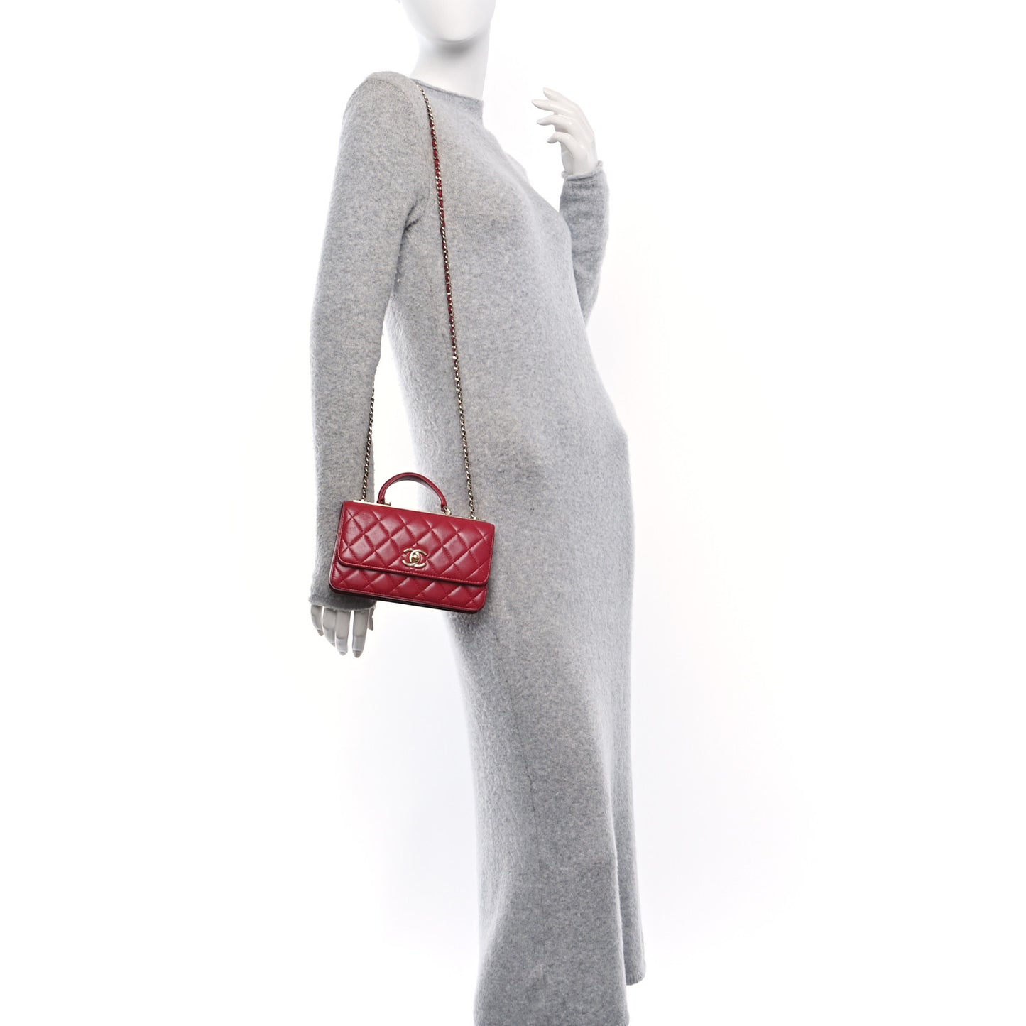 Lambskin Quilted Trendy CC Dual Handle Clutch With Chain Red