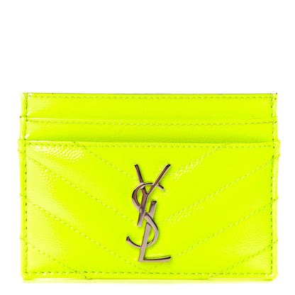 Saint Laurent Patent Grain De Poudre Matelasse Chevron Monogram Credit Card Case Neon Yellow 1 of 8