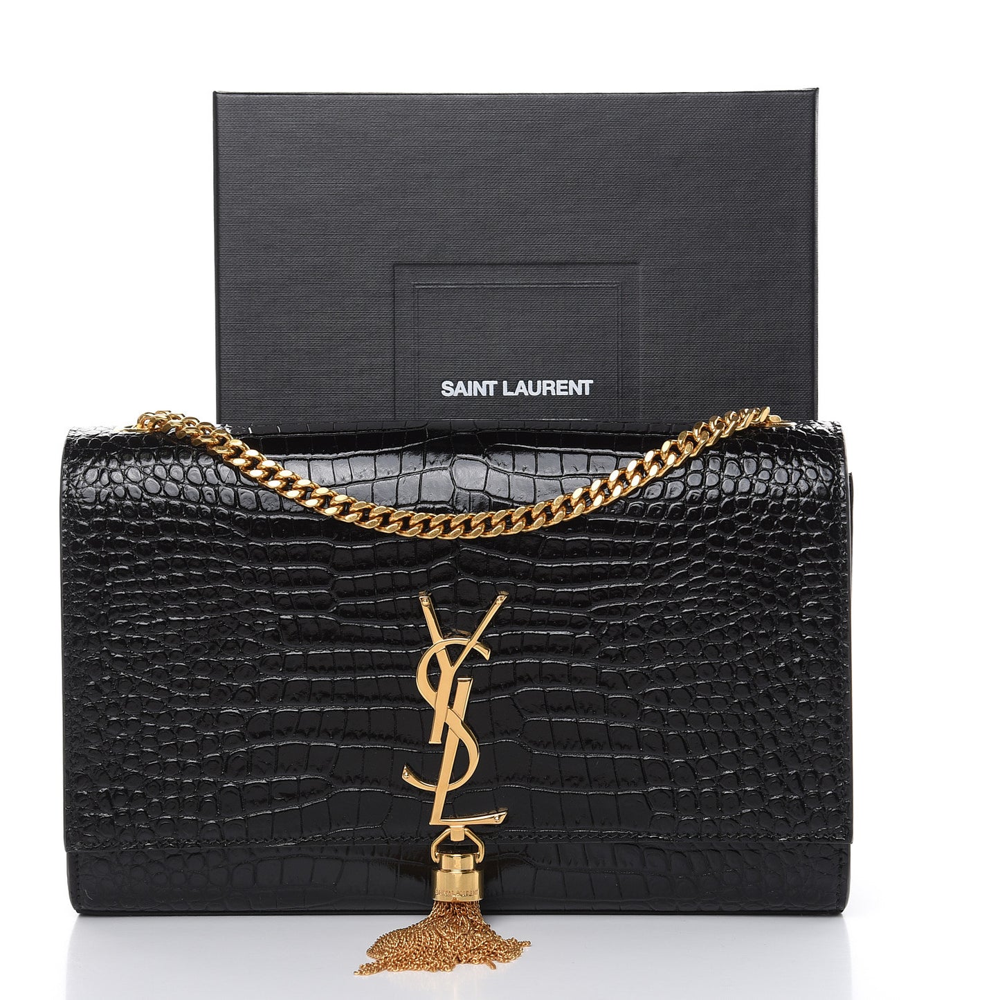 Calfskin Crocodile Embossed Medium Classic Monogram Kate Tassel Satchel Black