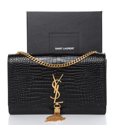 Saint Laurent Calfskin Crocodile Embossed Medium Classic Monogram Kate Tassel Satchel Black 10 of 10