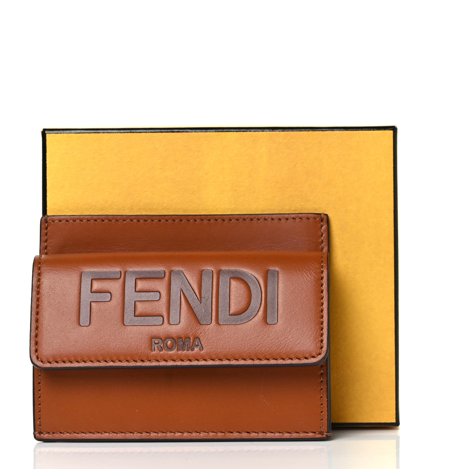Fendi Vitello King Tamponato Logo Embossed Fold Over Card Holder Wallet Cuoio 19 of 19