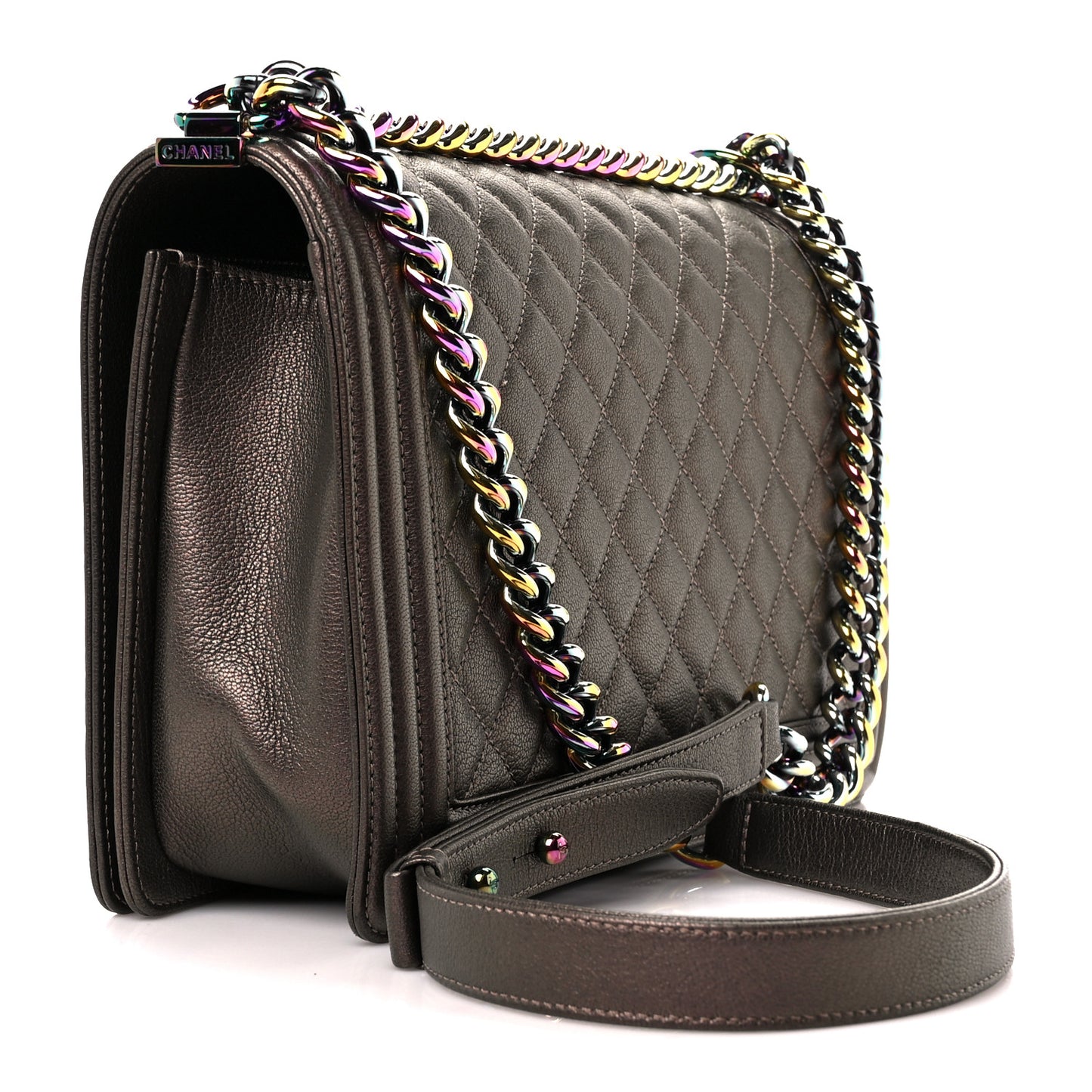 Iridescent Goatskin Quilted New Medium Boy Flap Dark Gold