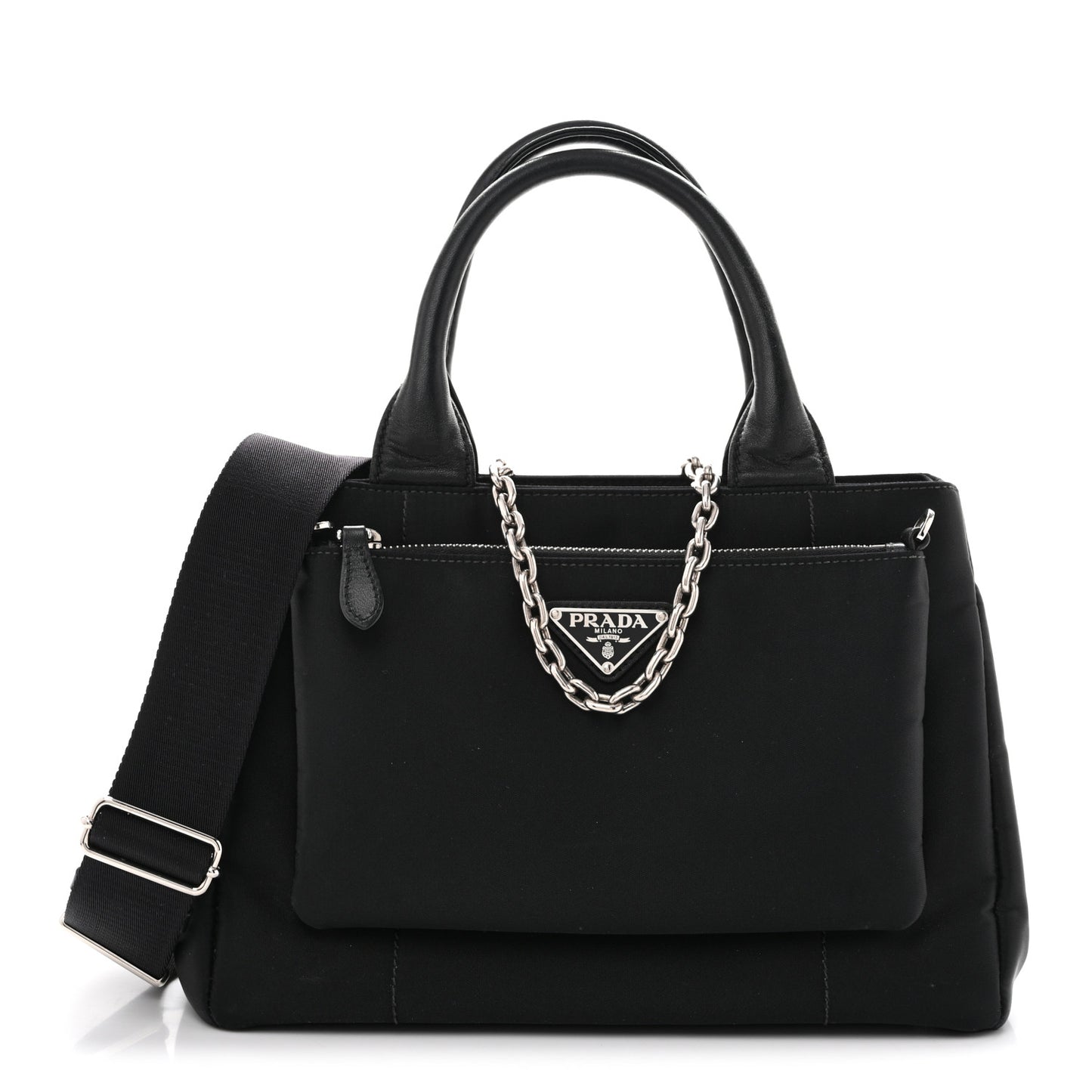 Tessuto Nylon Nappa Zip Pocket Chain Tote Black