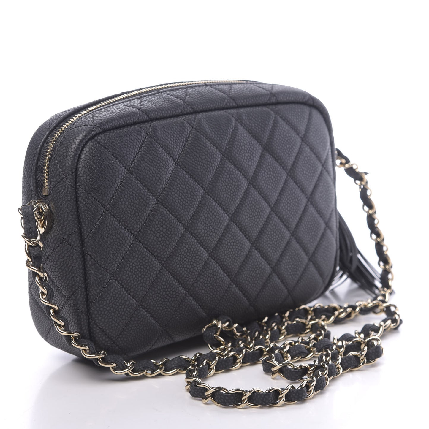 Iridescent Caviar Quilted Small Coco Tassel Camera Case Black