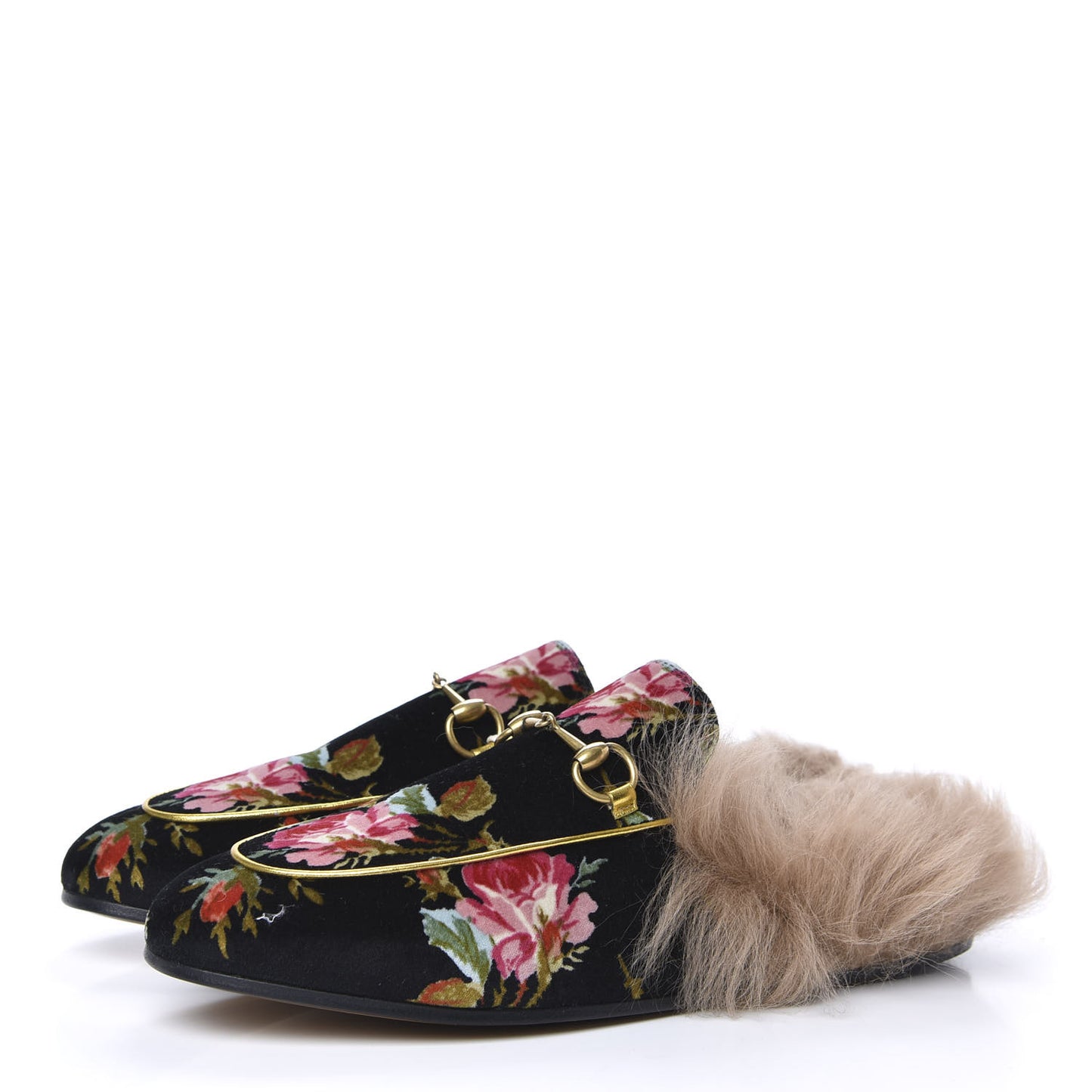 Velvet Fur Floral Womens Princetown Slippers 39.5 Black