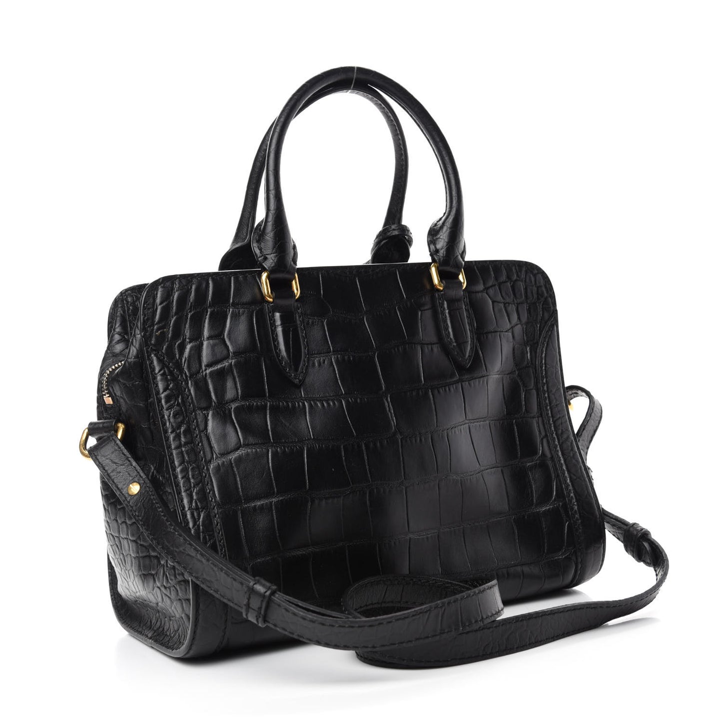 Calfskin Crocodile Embossed Small Skull Padlock Zip Around Tote Black