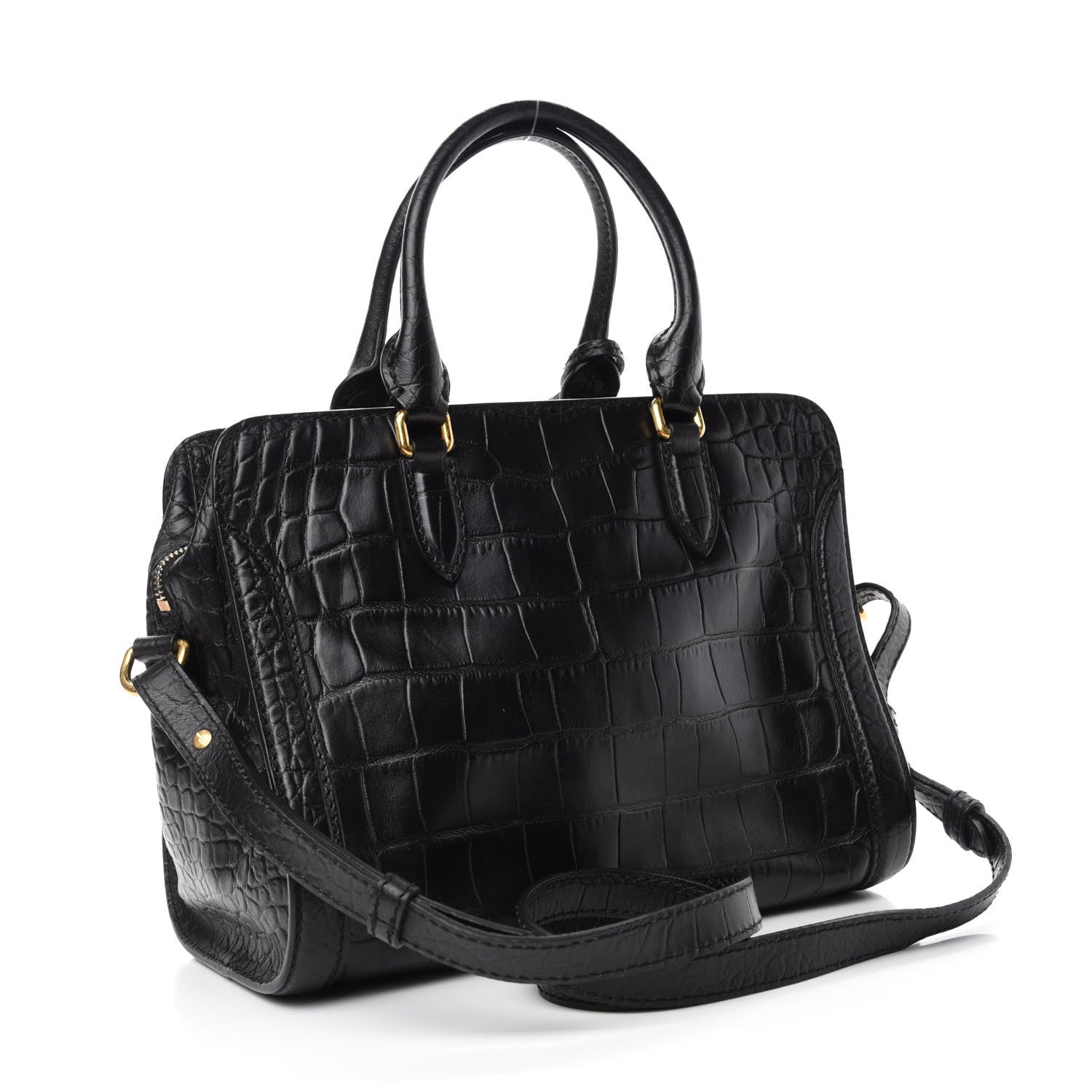 Alexander McQueen Calfskin Crocodile Embossed Small Skull Padlock Zip Around Tote Black 3 of 10