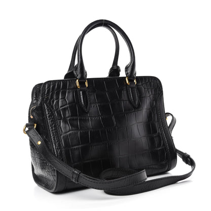 Alexander McQueen Calfskin Crocodile Embossed Small Skull Padlock Zip Around Tote Black 3 of 10