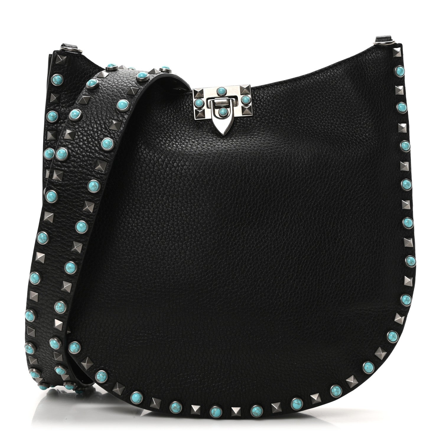 Valentino Garavani Grained Calfskin Turquoise Small Rockstud Rolling Flip-Lock Messenger Black 1 of 9
