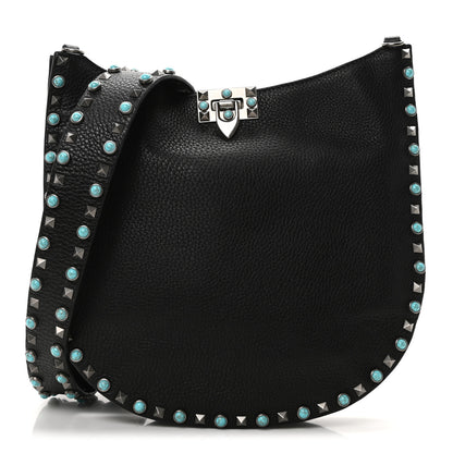 Valentino Garavani Grained Calfskin Turquoise Small Rockstud Rolling Flip-Lock Messenger Black 1 of 9