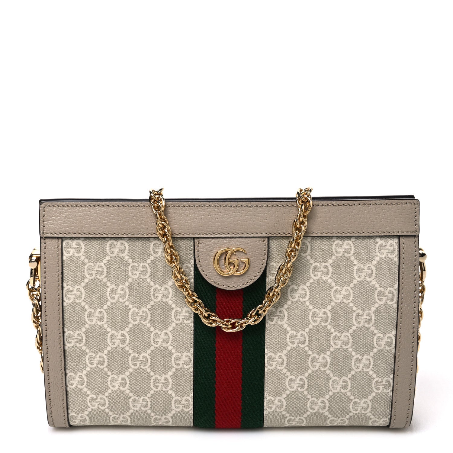 Gucci GG Supreme Monogram Textured Dollar Calfskin Web Small Ophidia Chain Shoulder Bag Beige Mystic White Oatmeal 1 of 10