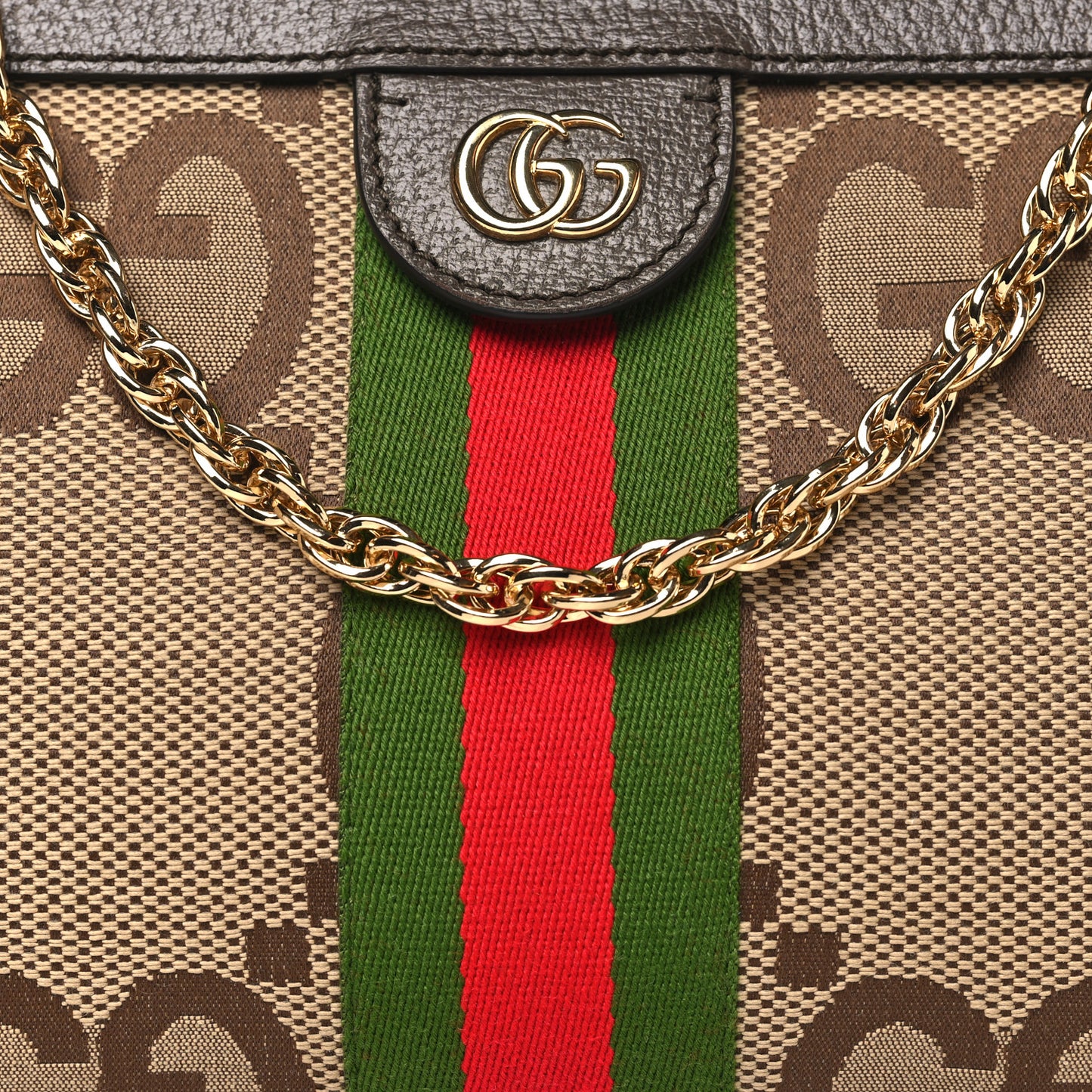 Monogram Jumbo GG Textured Dollar Calfskin Web Small Ophidia Chain Shoulder Bag Camel Ebony New Acero