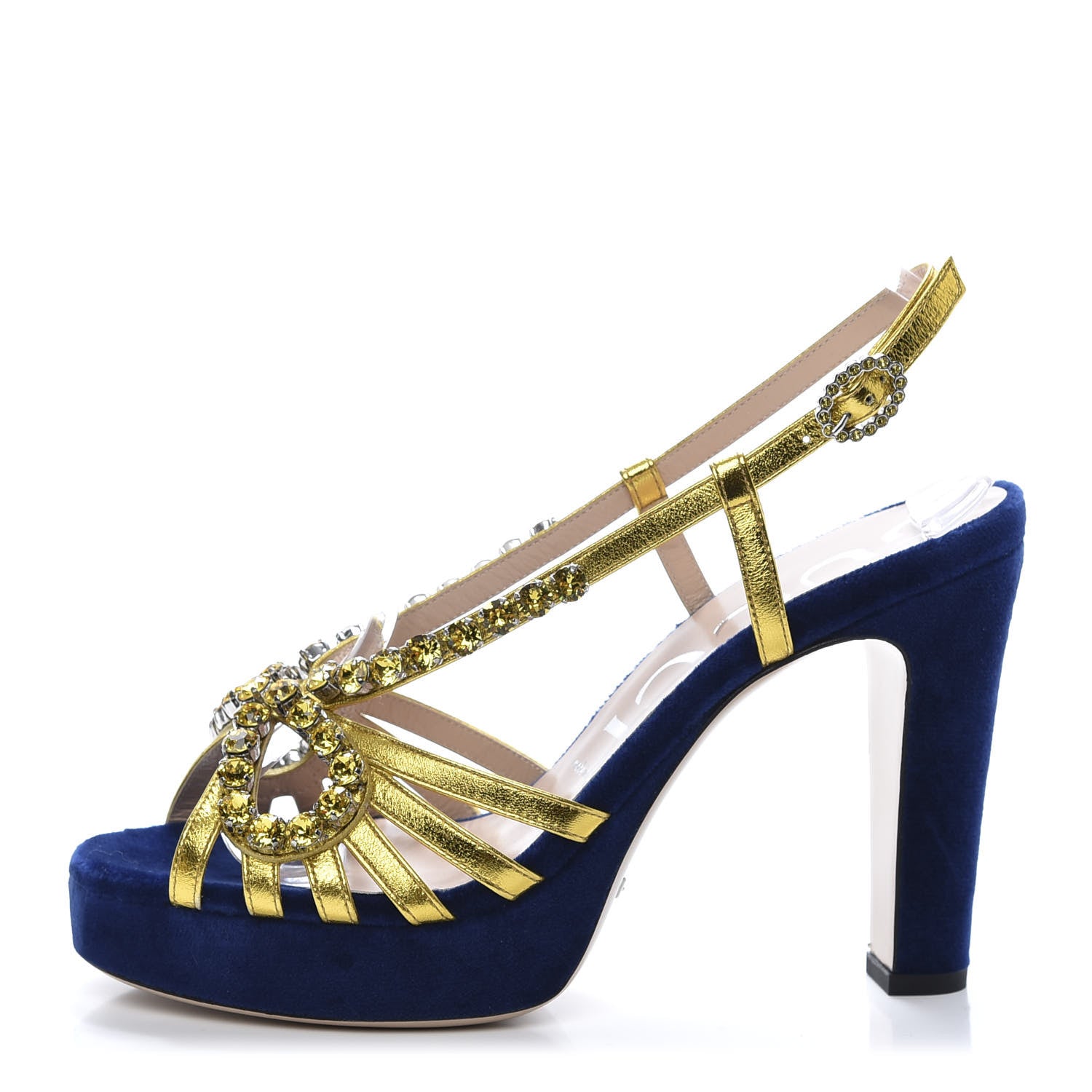 Gucci Velvet Nappa Crystal Zephyra Slingback Platform High Heel Sandals 38 Blue Gold 1 of 8