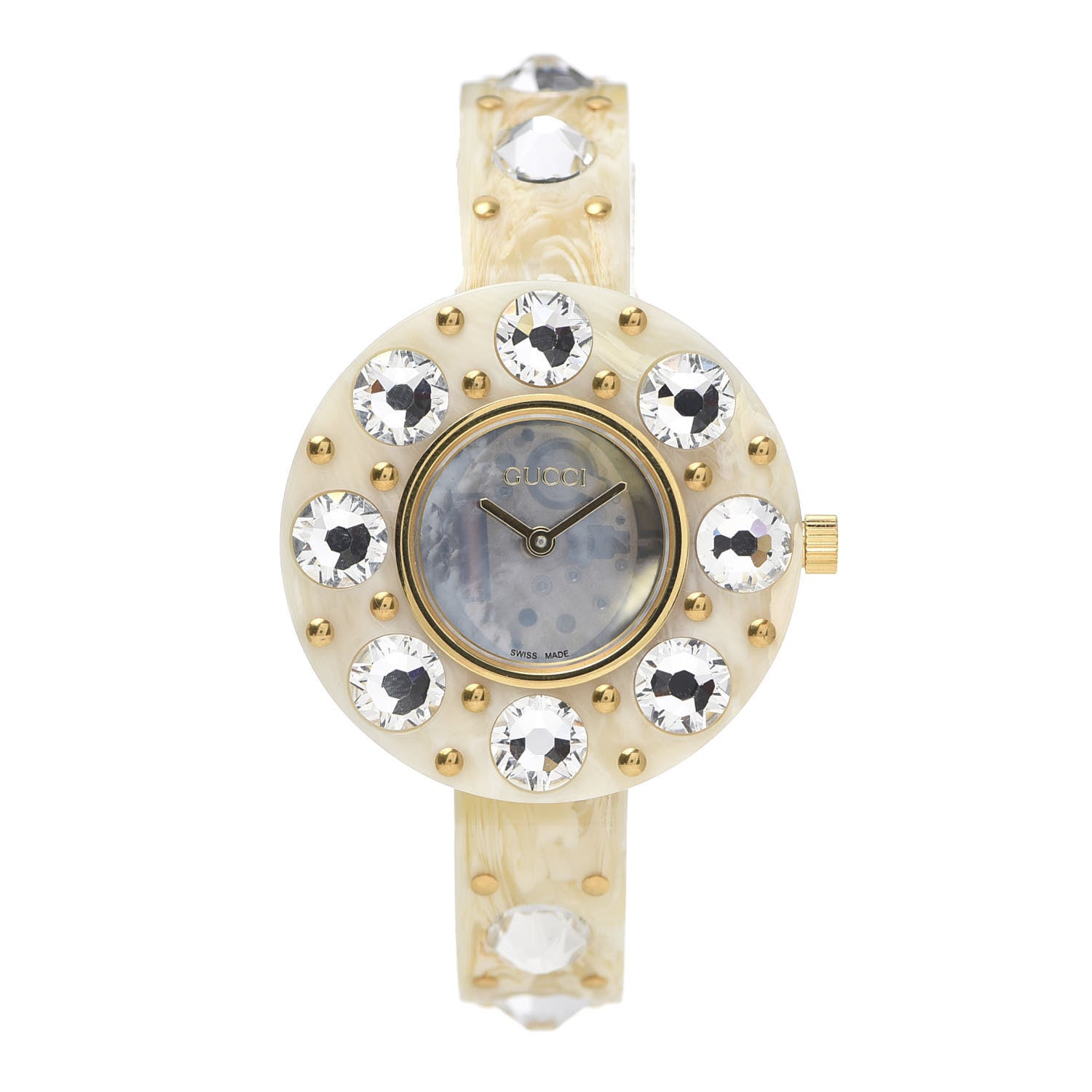Gucci Stainless Steel Plexiglass Mother of Pearl 35mm Vintage Web Crystal Quartz Watch 1 of 7