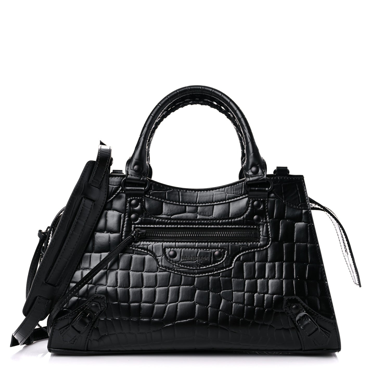 Semi Shiny Calfskin Crocodile Embossed Neo Classic Black Hardware S City Black