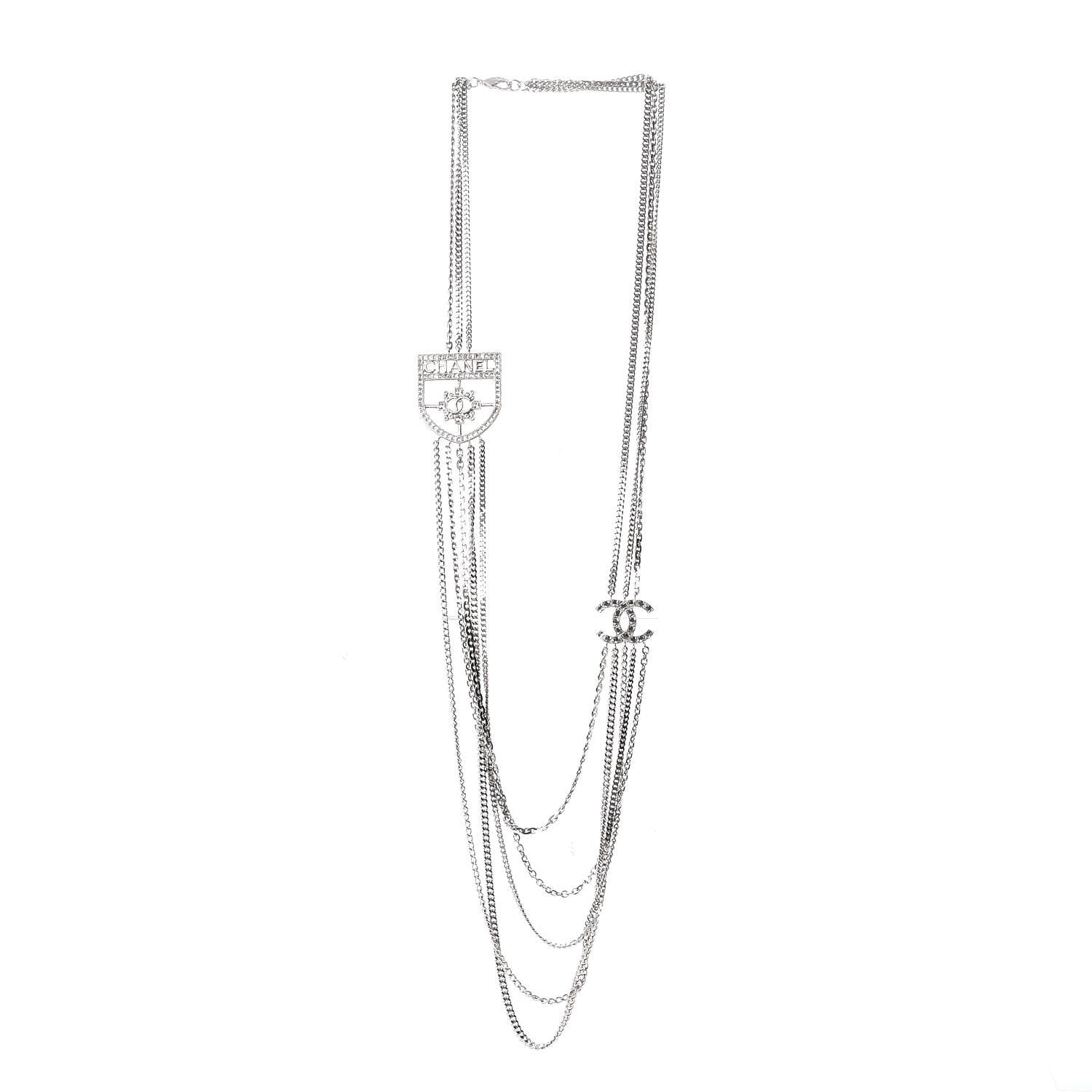 Chanel Baguette Crystal CC Shield Multi Strand Long Chain Necklace Silver 3 of 7