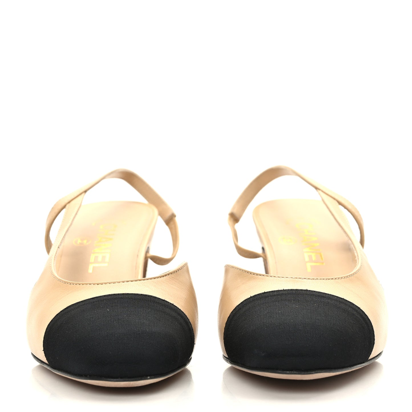 Goatskin Grosgrain Cap Toe CC Slingback Pumps 38 Beige Black