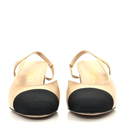 Chanel Goatskin Grosgrain Cap Toe CC Slingback Pumps 38 Beige Black 2 of 8