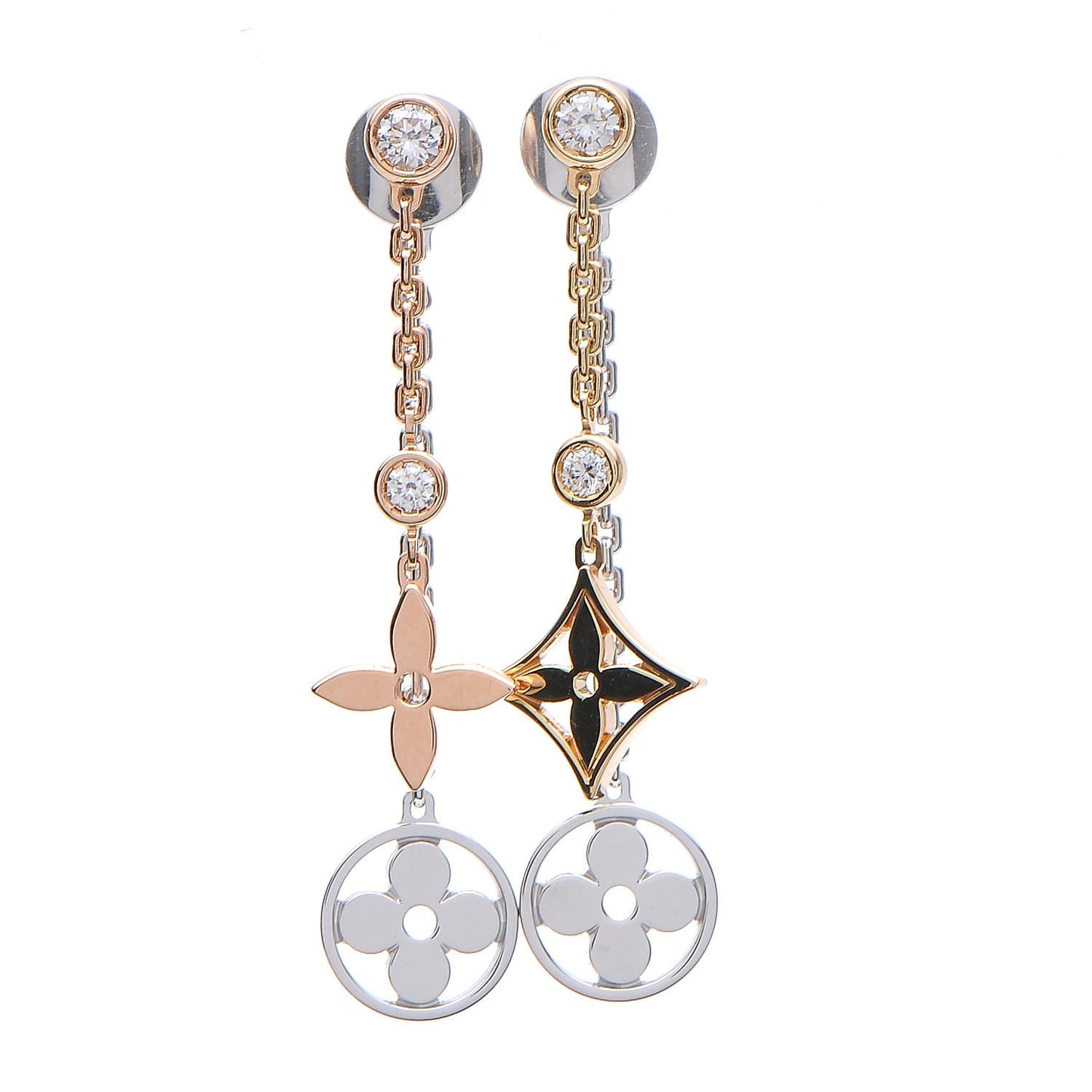 18K Yellow White Pink Gold Diamond Blossom Long Drop Earrings