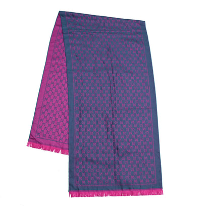 Gucci Wool GG Monogram Reversible New Sten Fringe Scarf Petroleum Blue Pink 3 of 12