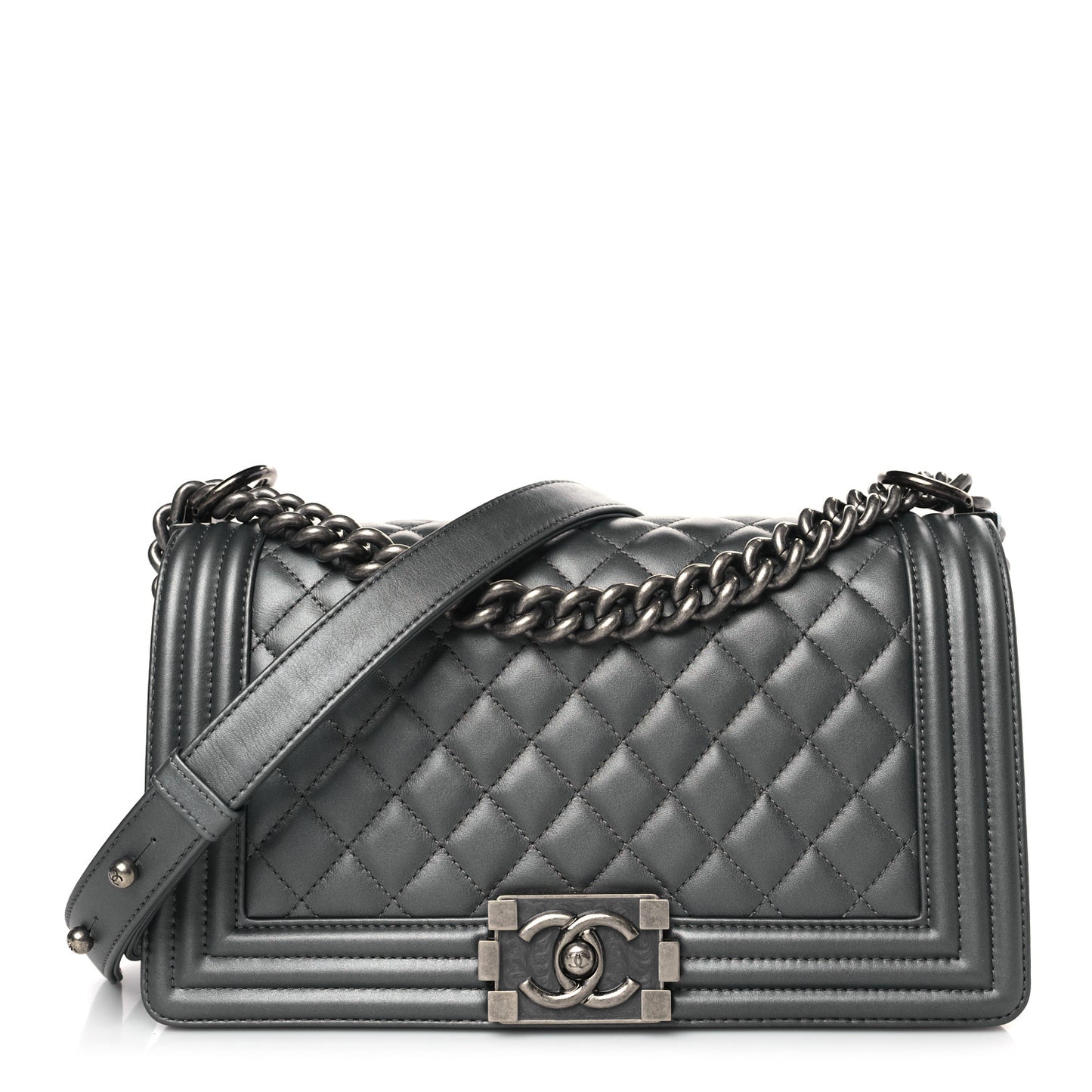 Metallic Lambskin Quilted Medium Boy Flap Dark Silver