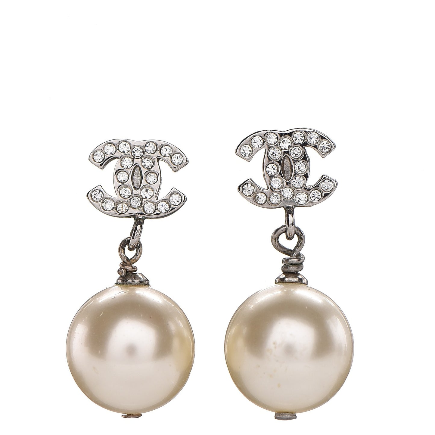 Crystal Pearl CC Drop Earrings Silver