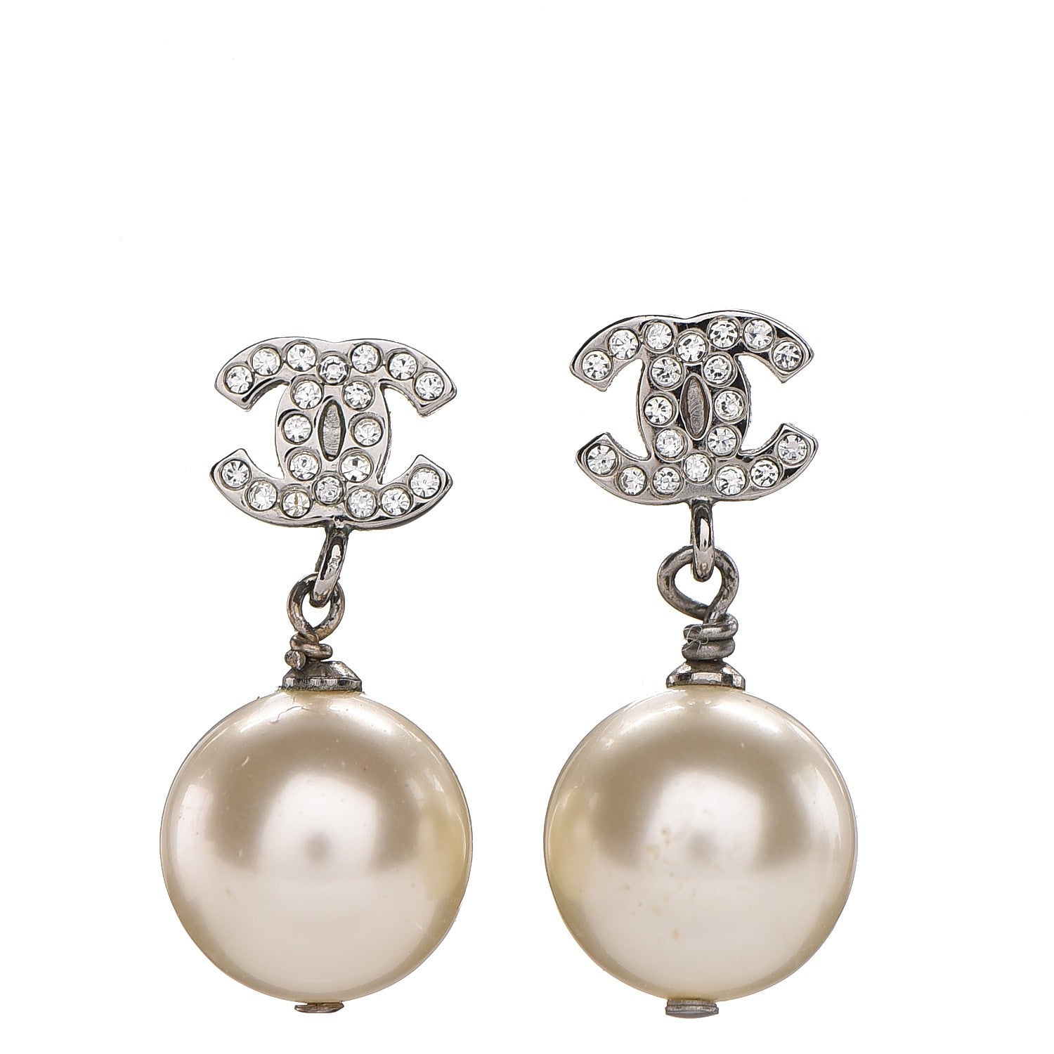 Chanel Crystal Pearl CC Drop Earrings Silver 1 of 4