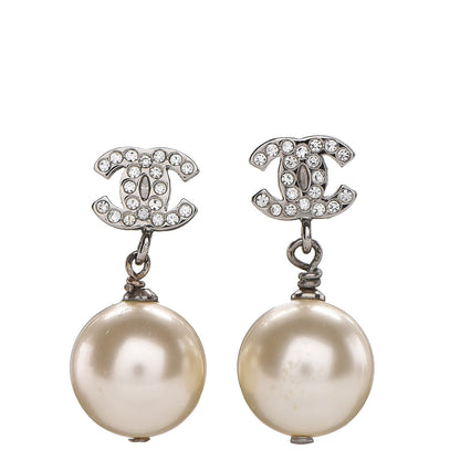 Chanel Crystal Pearl CC Drop Earrings Silver 1 of 4