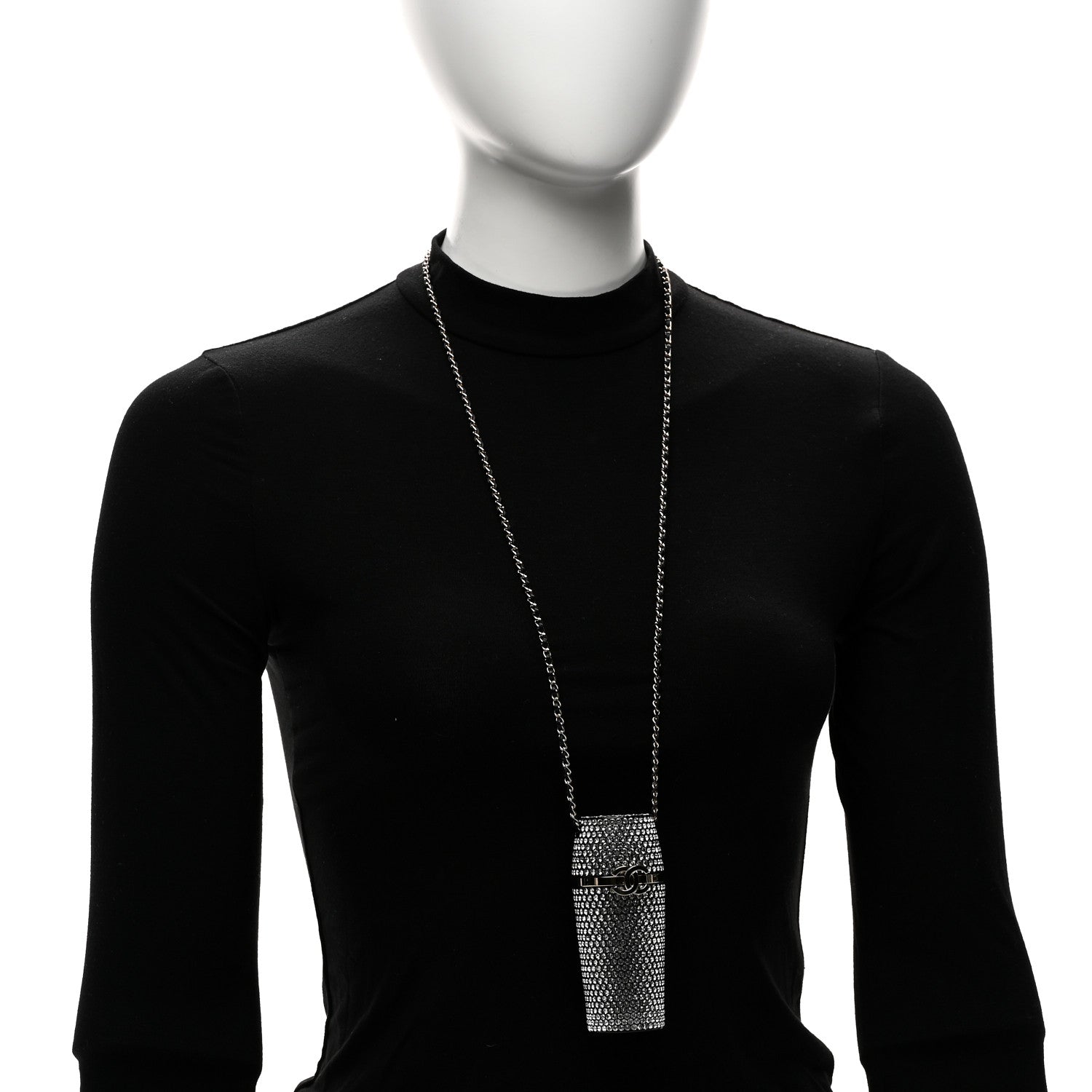 Chanel Metal Resin Lambskin Crystal Lipstick Case Long Necklace On Chain Silver Black Gold 2 of 6