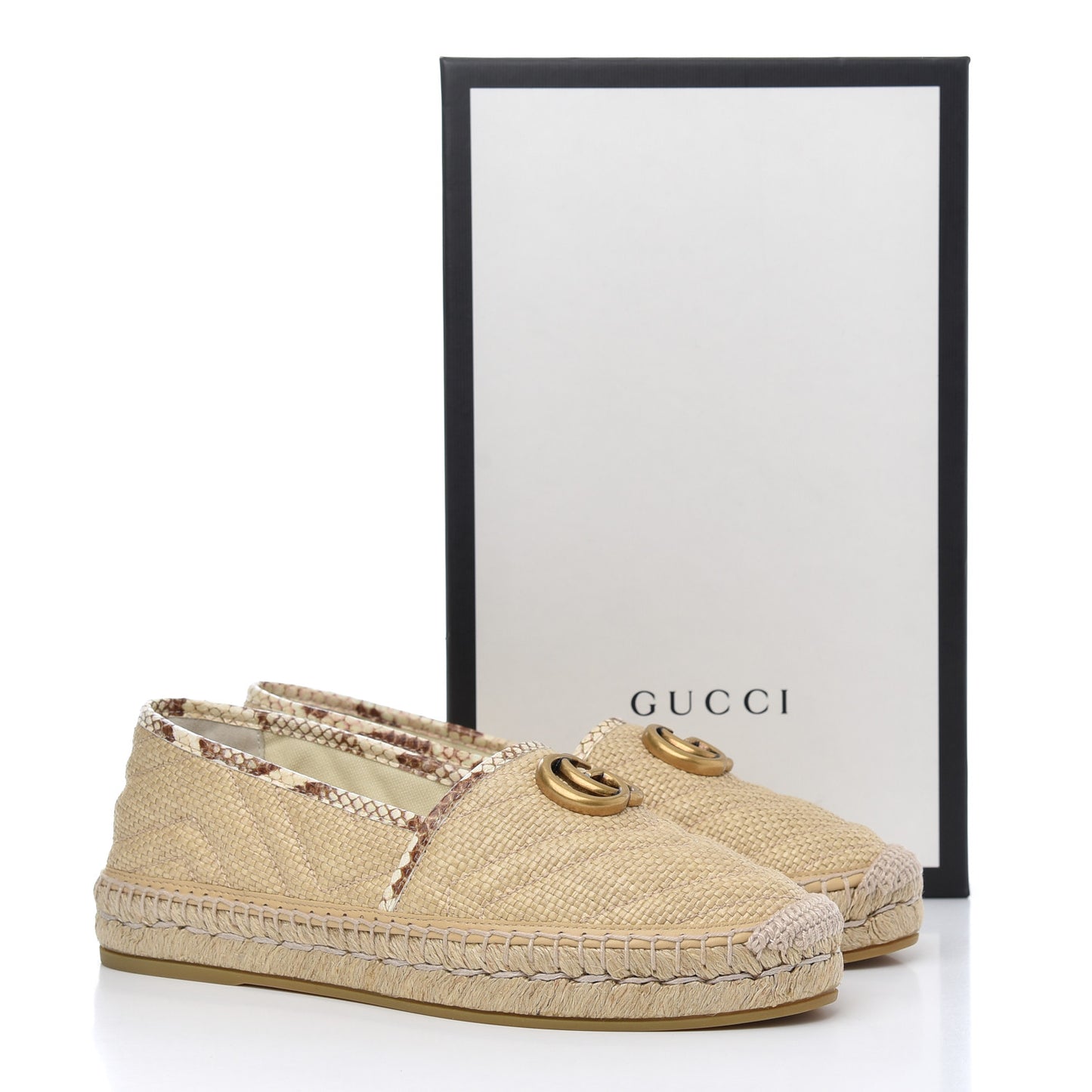 Straw Elaphe Matelasse GG Marmont Espadrilles 38 Natural Cream Brown