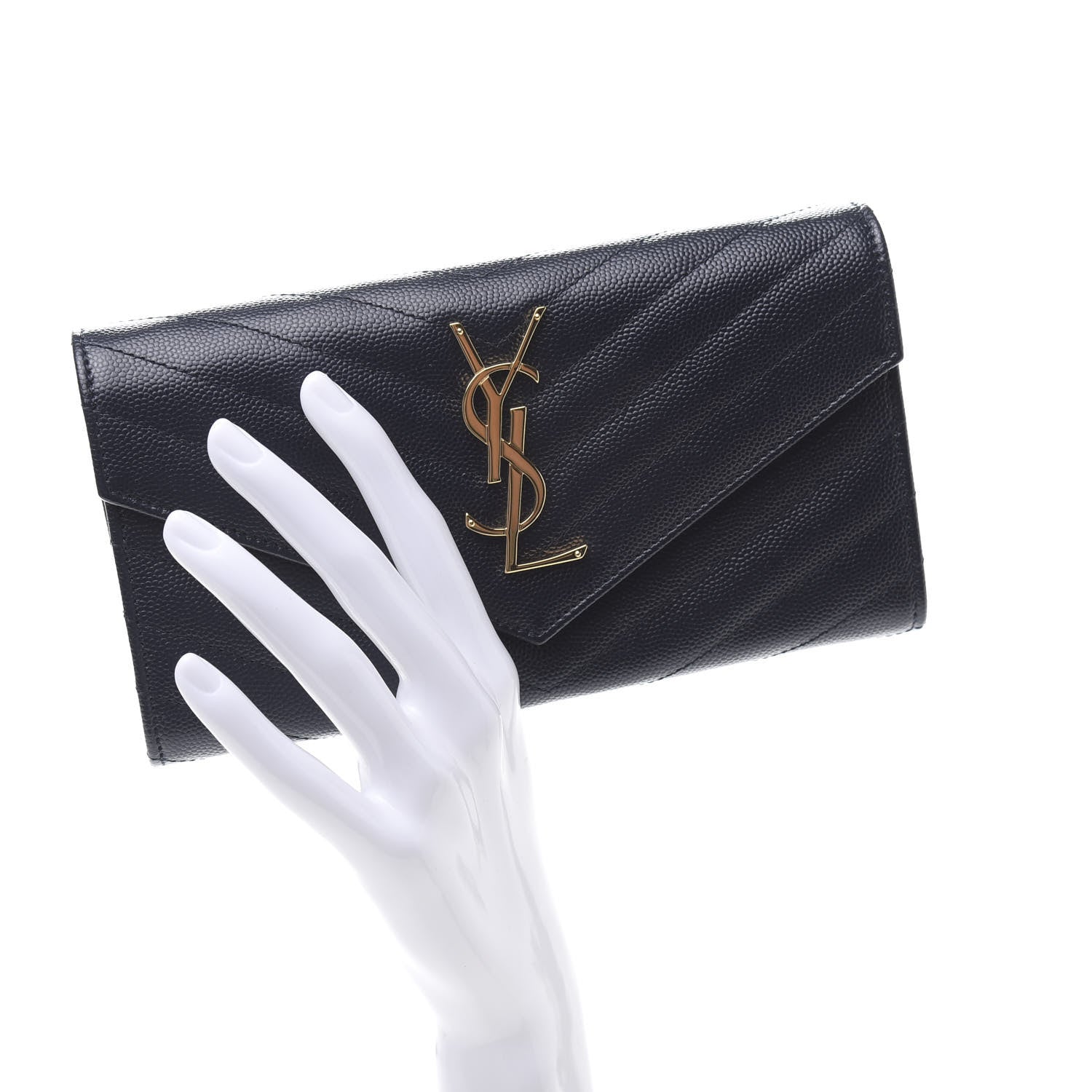 Saint Laurent Grain De Poudre Matelasse Chevron Monogram Flap Wallet Black 2 of 8