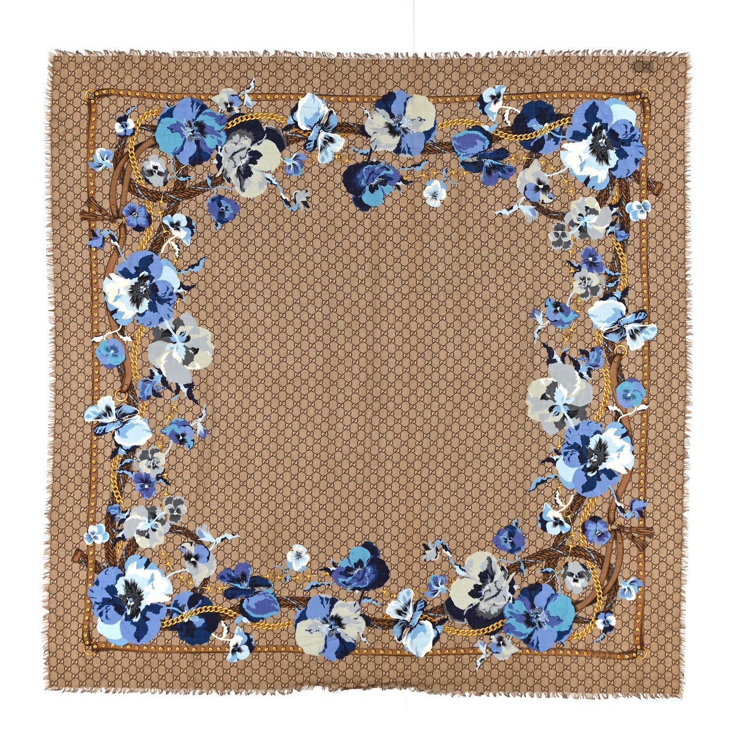 Gucci Wool Jacquard GG Monogram Big Panshie Fringe Shawl Sapphire Beige 1 of 3