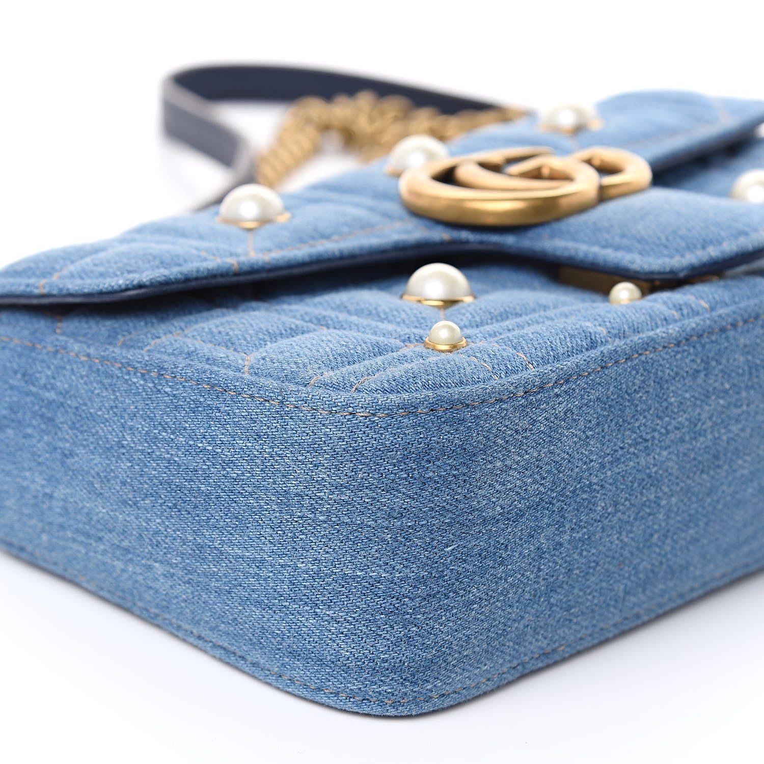 Gucci Denim Matelasse Pearl Studded Mini GG Marmont Shoulder Bag Blue 9 of 11