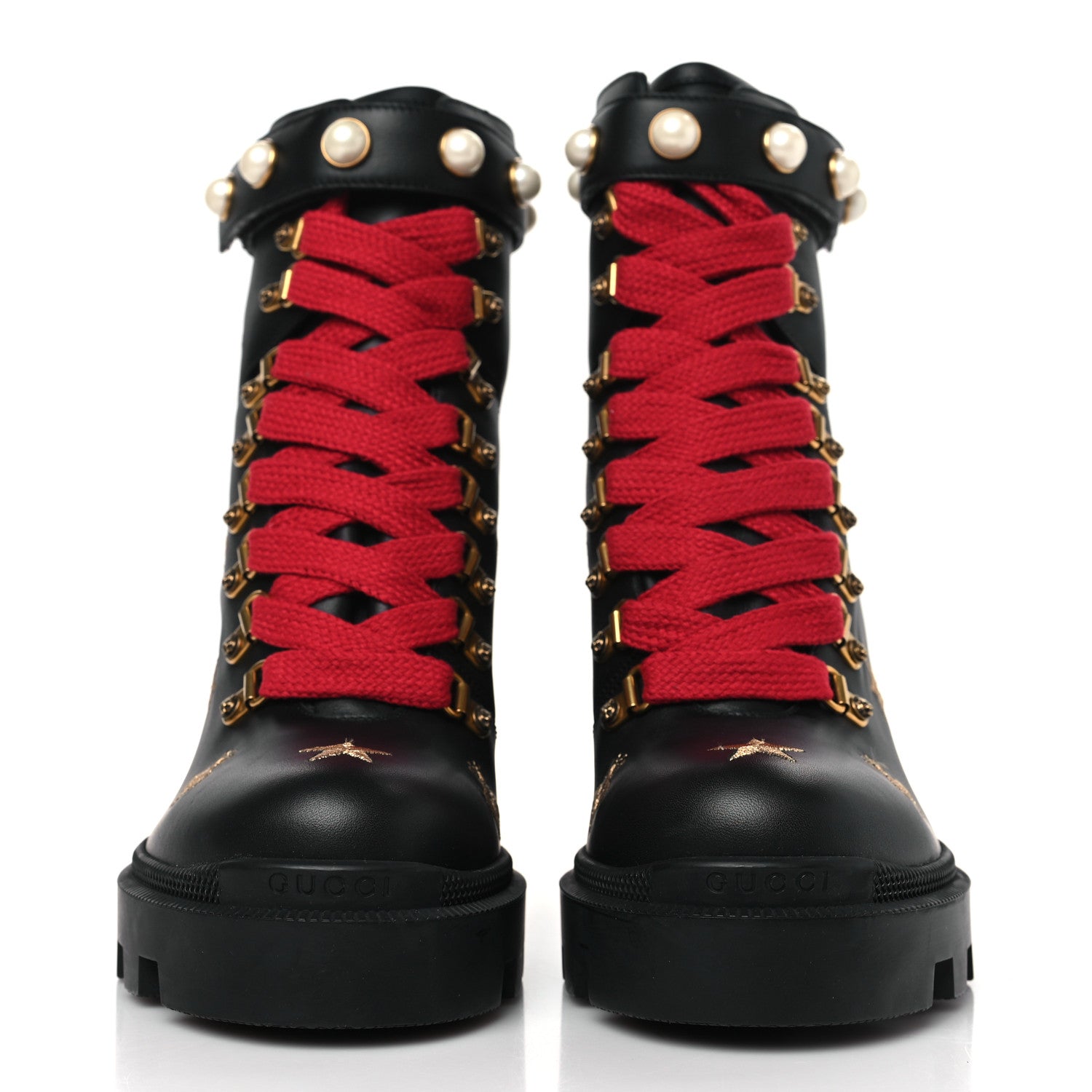 Gucci Calfskin Embroidered Lace Up Combat Ankle Boots 38 Black 2 of 8