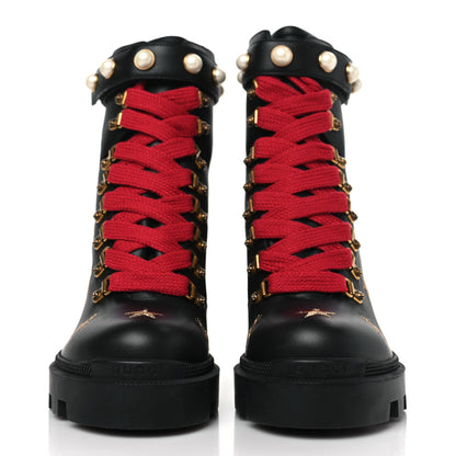 Gucci Calfskin Embroidered Lace Up Combat Ankle Boots 38 Black 2 of 8