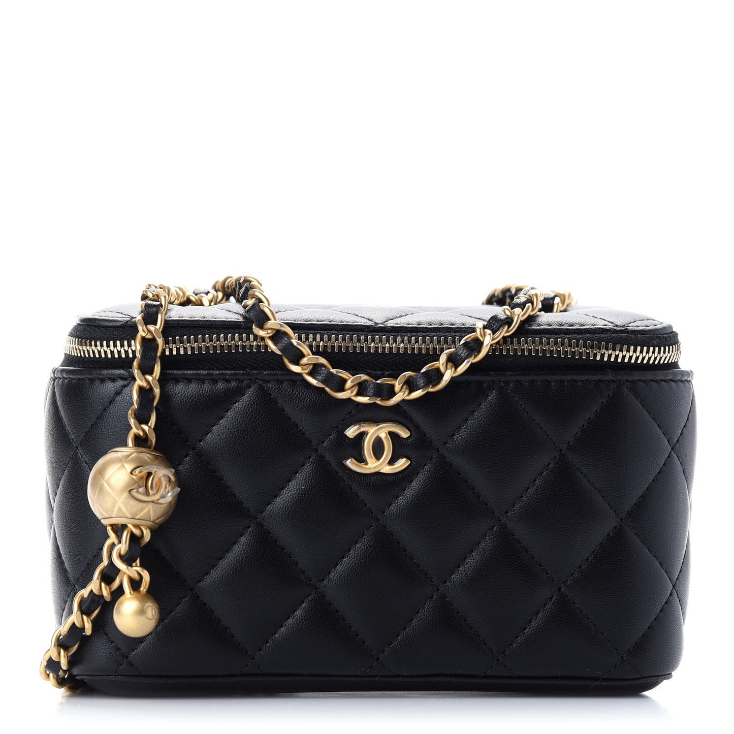 Lambskin Quilted Pearl Crush Small Vanity Case With Chain Black