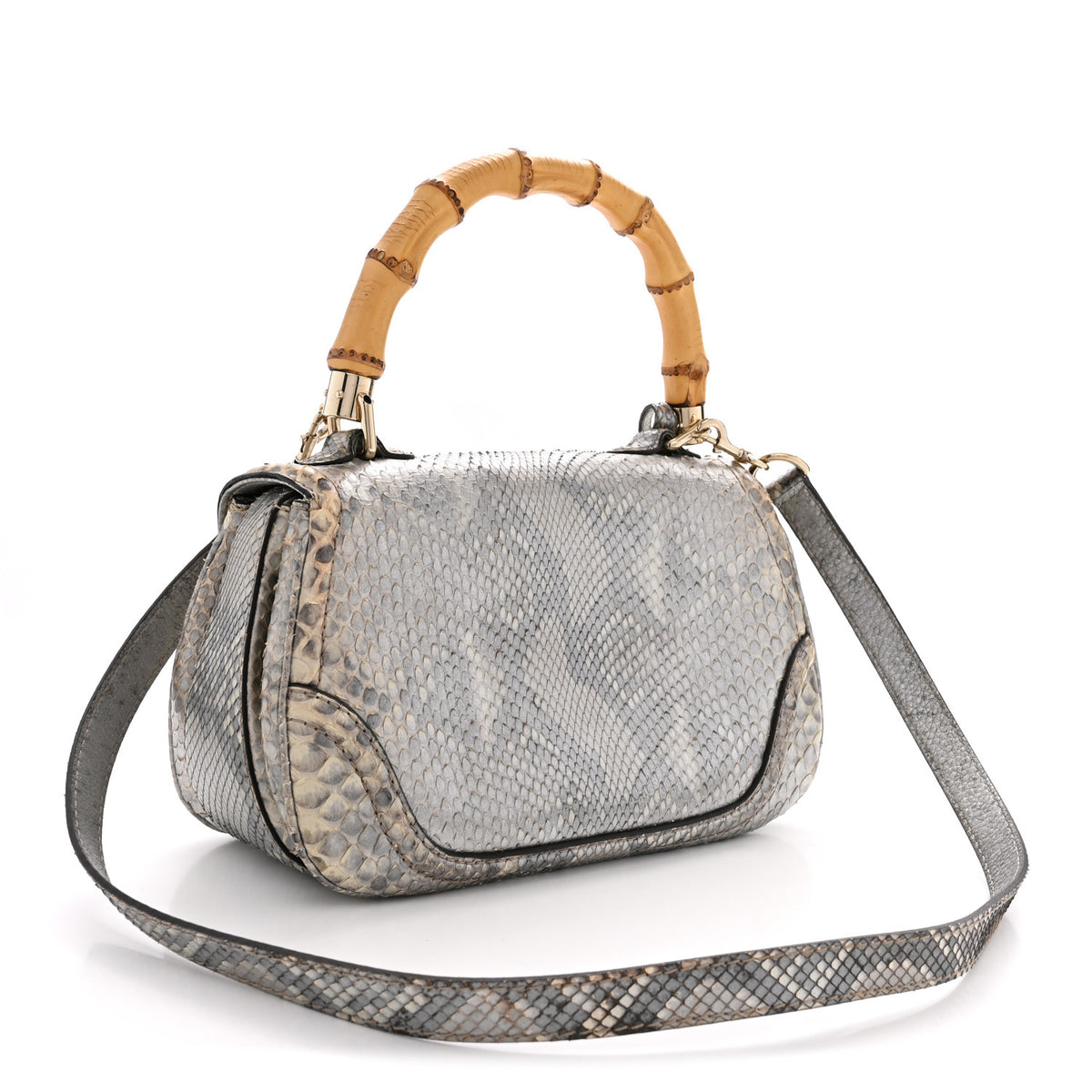 Gucci Metallic Snakeskin Medium New Bamboo Top Handle Bag Silver Multicolor 3 of 15
