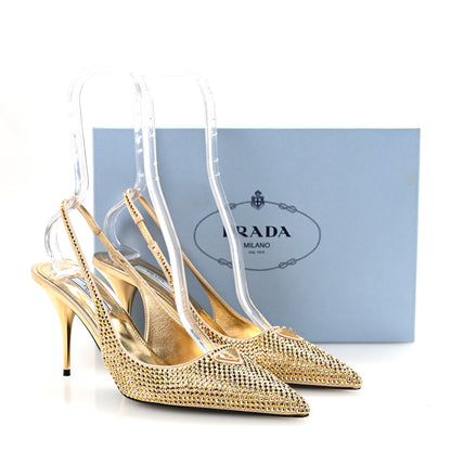 Prada Satin Crystal Triangle Logo 85mm Slingback Pumps 38.5 Platino 9 of 9