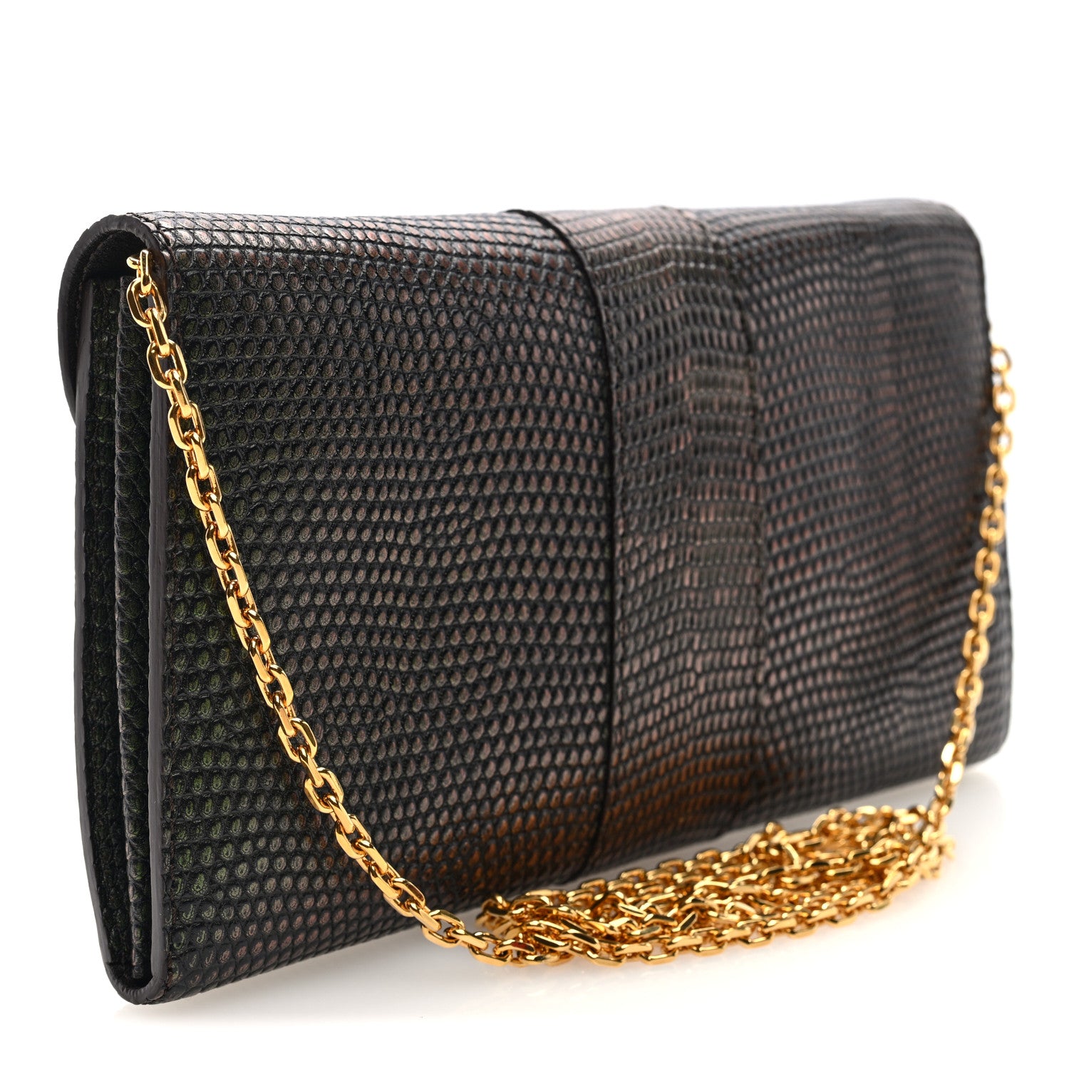 Delvaux Iridescent Lizard Calfskin Brillant Wallet On Chain Ebene Kaki 3 of 9