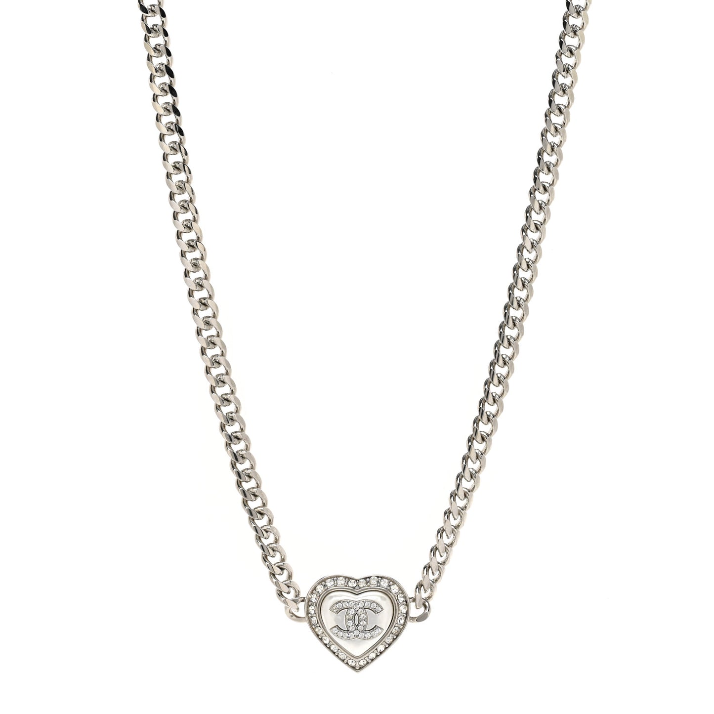 Crystal Pearl CC Heart Necklace Silver