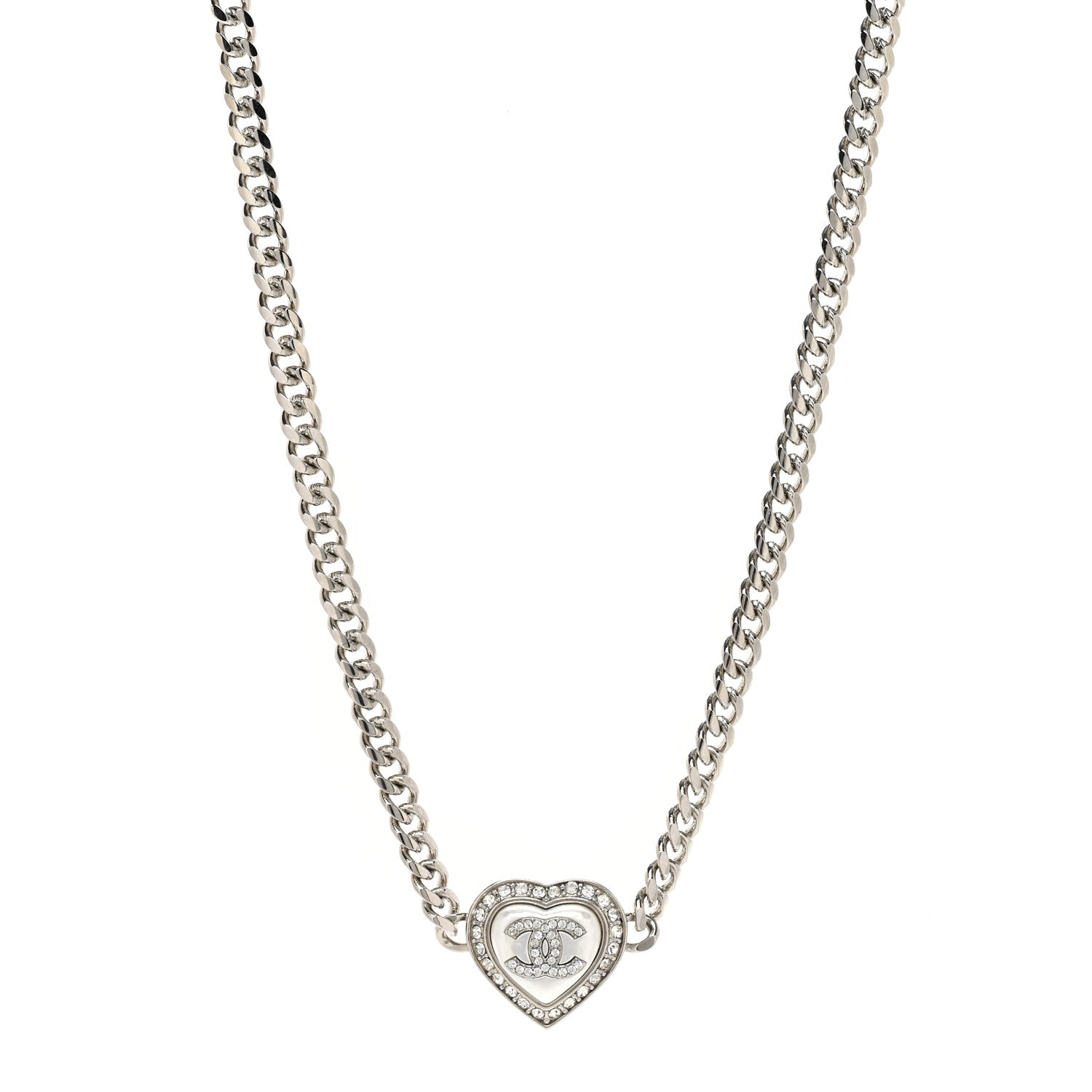 Chanel Crystal Pearl CC Heart Necklace Silver 1 of 4