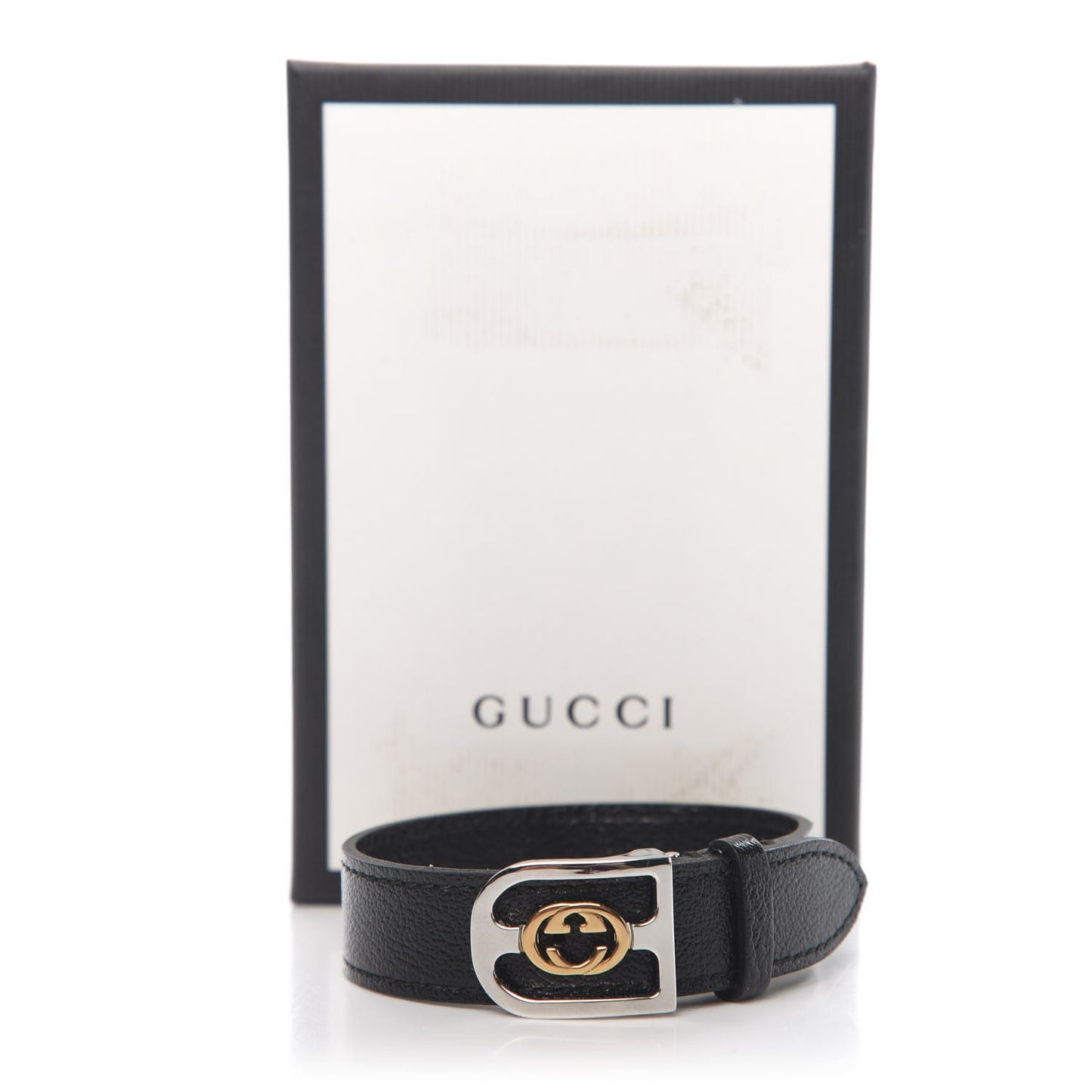 Stainless Steel 18K Yellow Gold Calfskin Interlocking G Bracelet Black