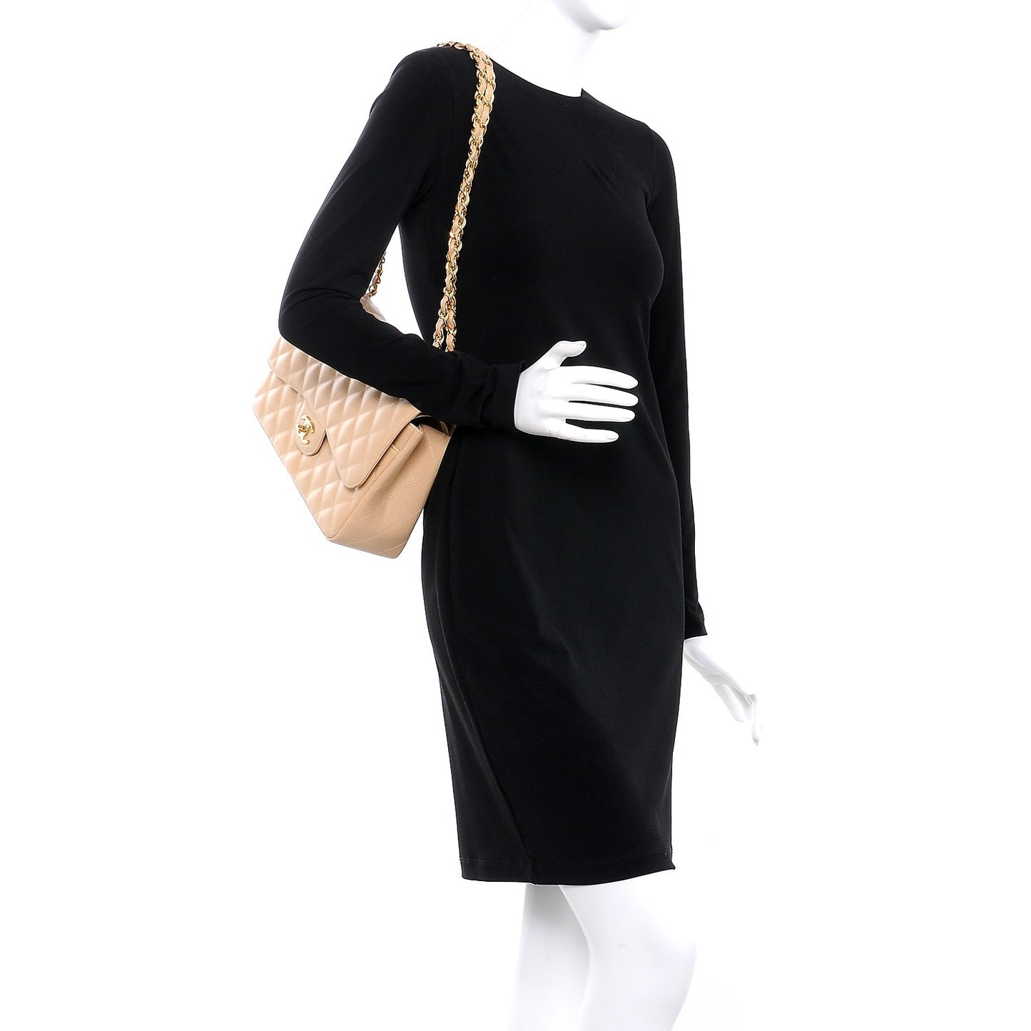 Caviar Quilted Jumbo Double Flap Beige Clair