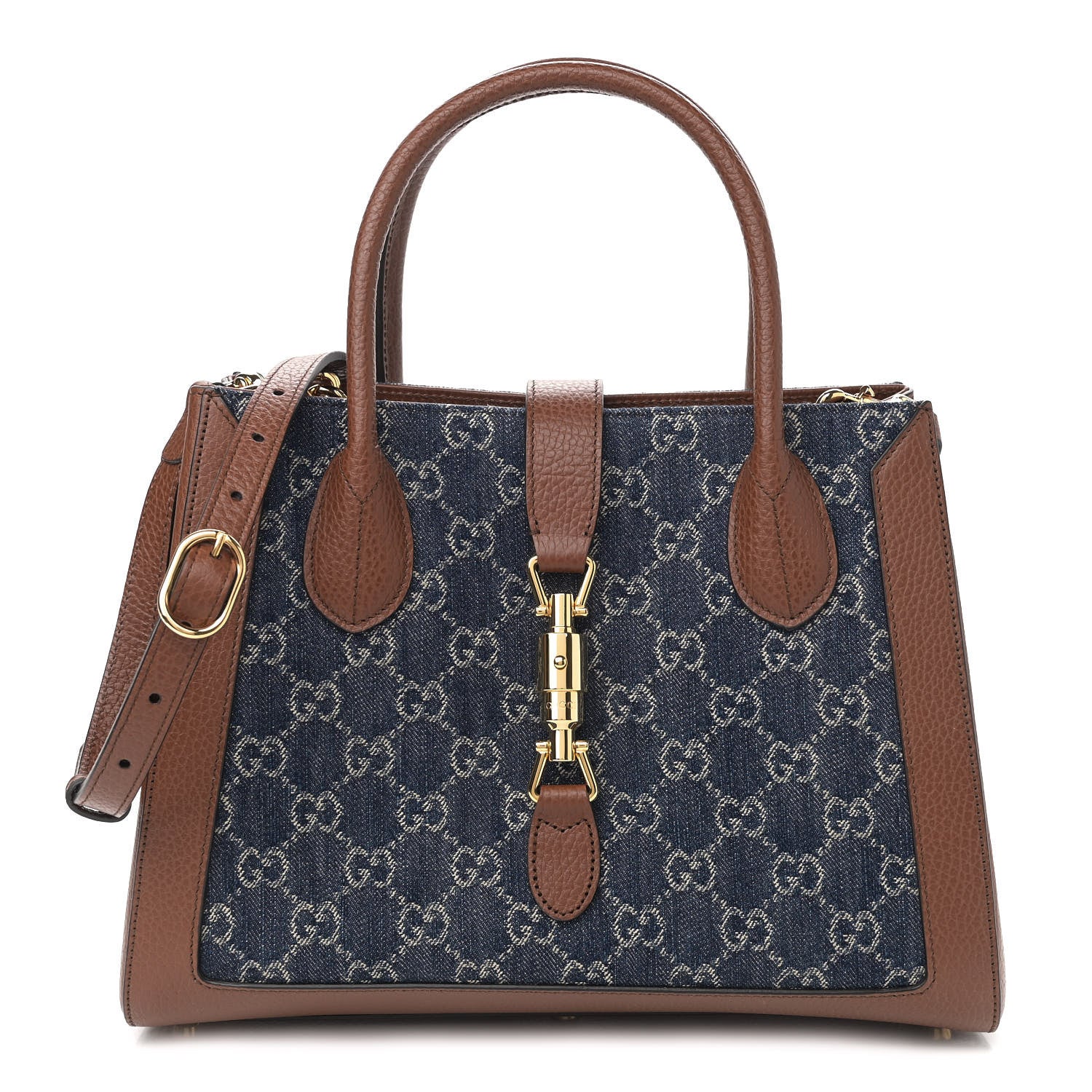 Gucci New Denim GG Monogram Dollar Calfskin Medium Jackie 1961 Tote Blue Tea Cuir Epilog 1 of 10