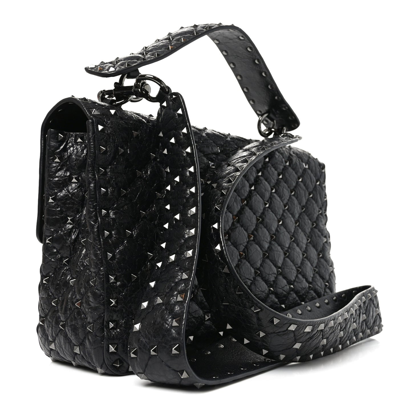 Craquele Nappa Large Rockstud Spike Shoulder Bag Black