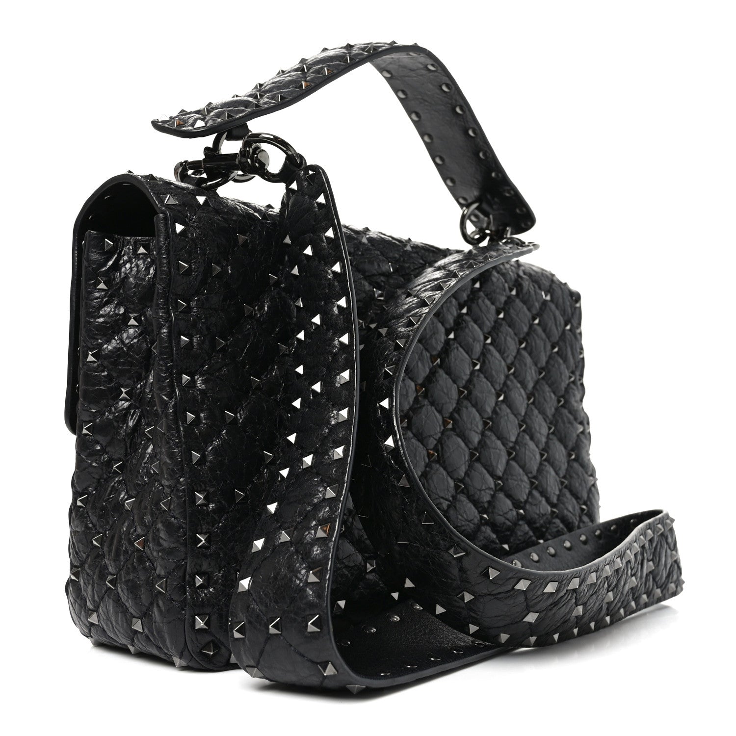 Valentino Garavani Craquele Nappa Large Rockstud Spike Shoulder Bag Black 3 of 9
